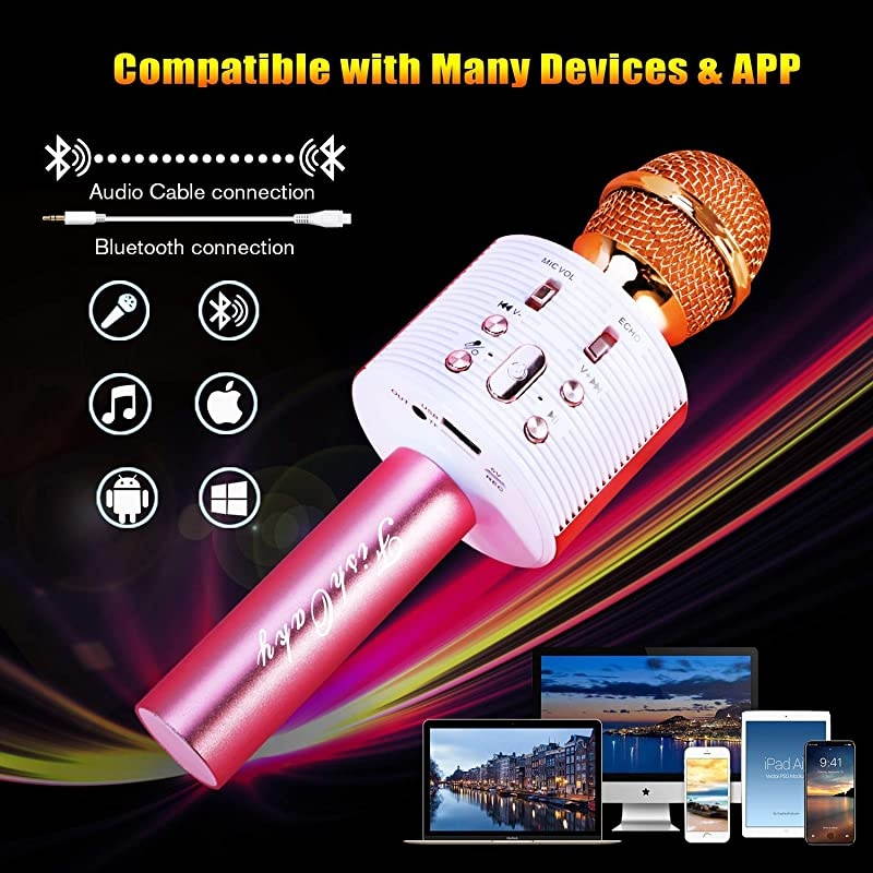 Karaoke Microphone, Bluetooth Karaoke Machine Kids Portable Mic Player Speaker with LED & Music Singing Voice Recording for Christmas Birthday Home Party KTV Outdoor