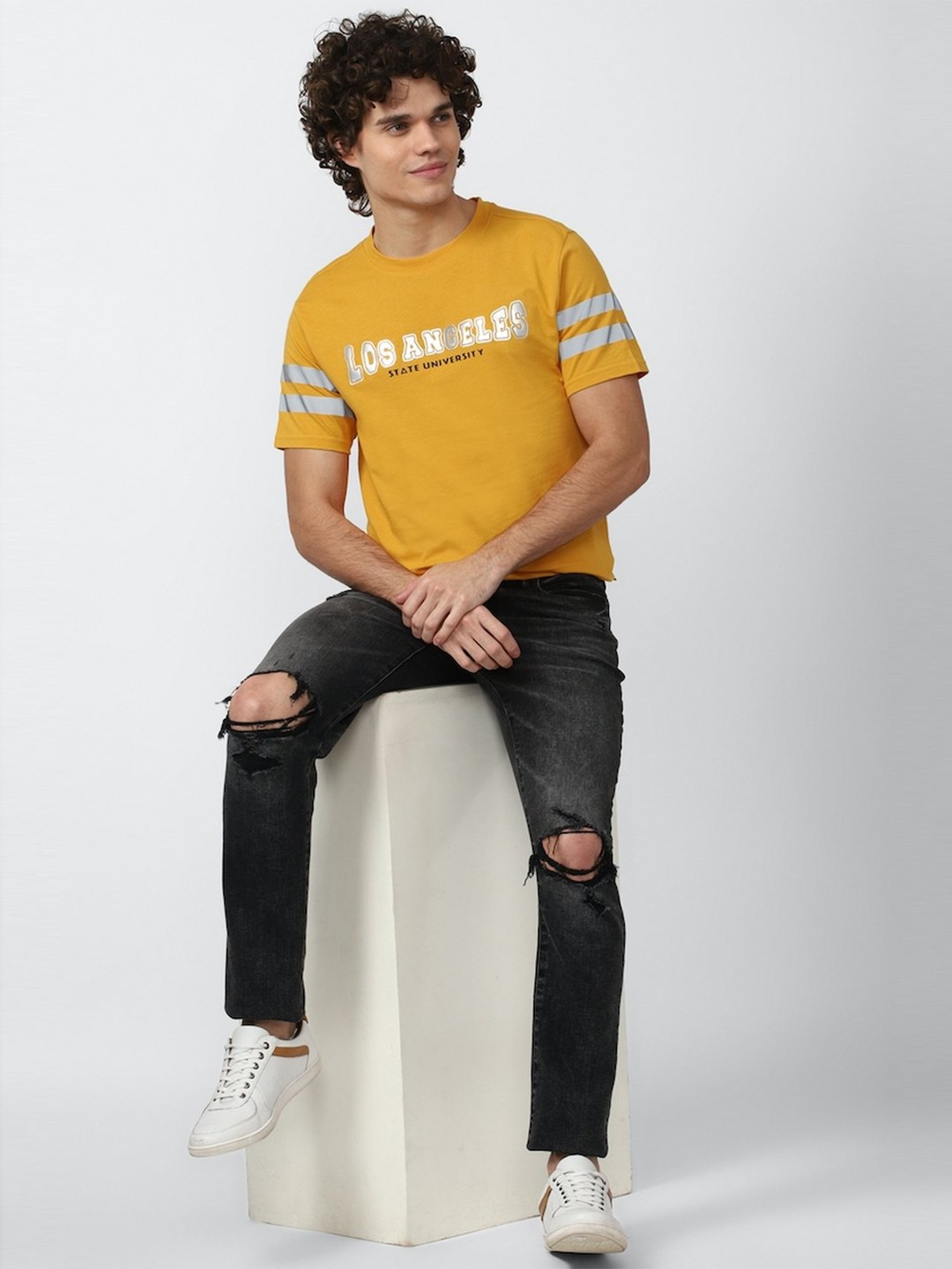 Forever 21 Yellow Cotton Regular Fit Printed T-Shirt