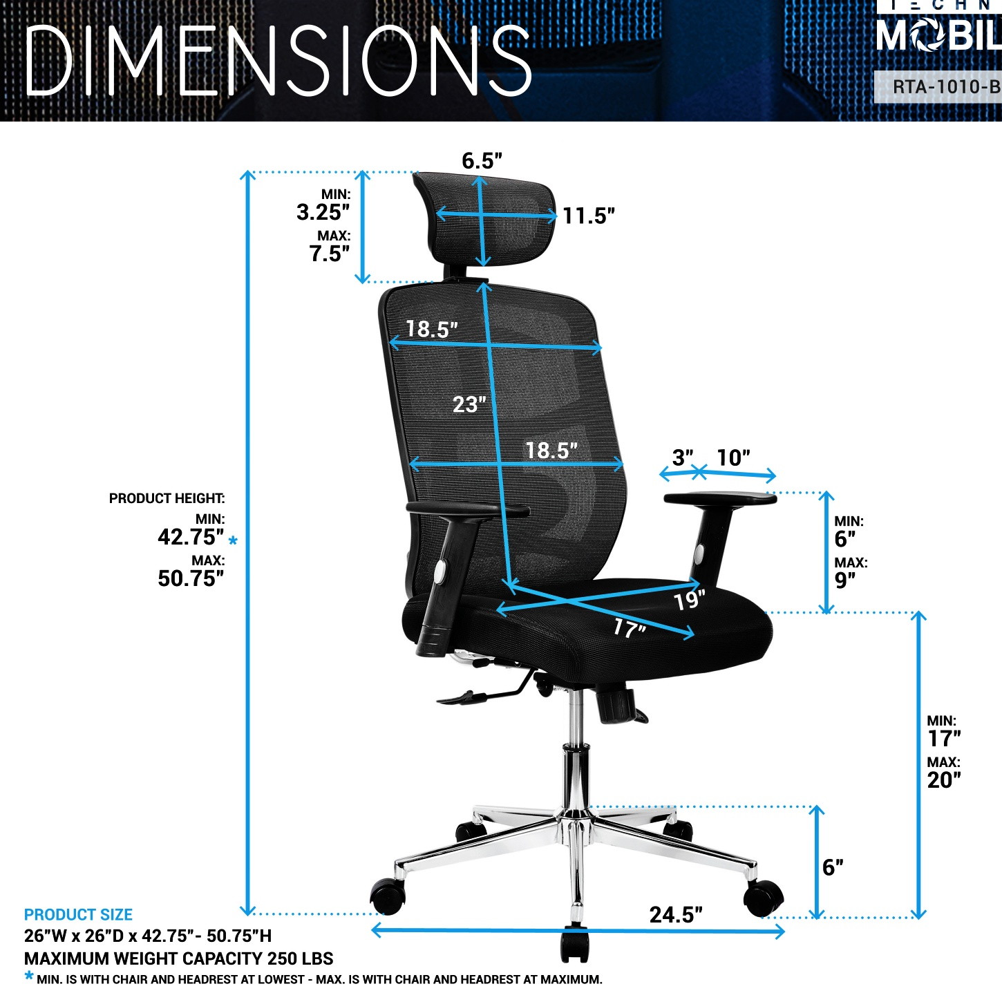 Techni Mobili High Back Executive Mesh Office Chair with Arms, Lumbar Support and Chrome Base, Black