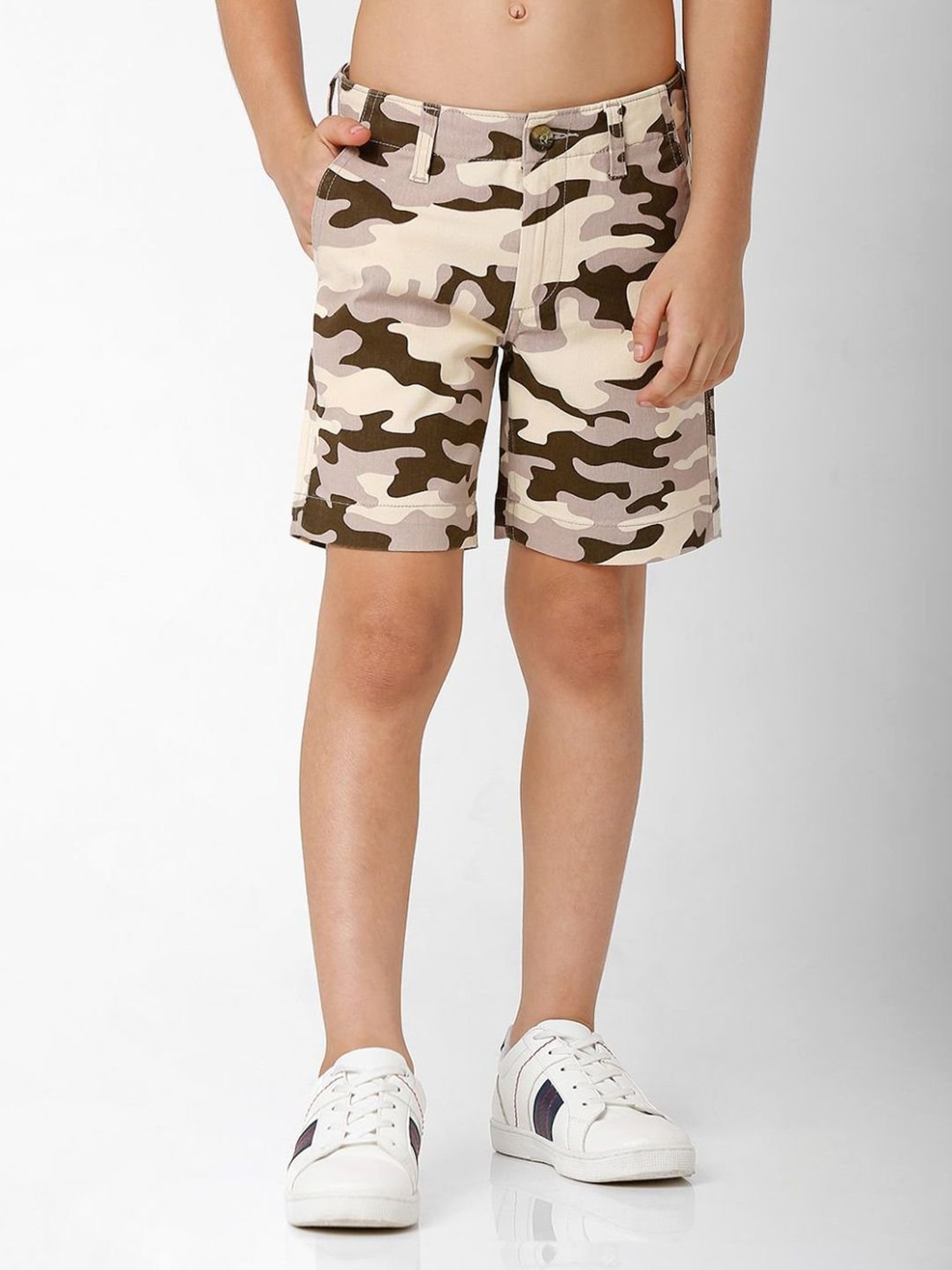Gas Kids Beige & Brown Cotton Camouflage Shorts
