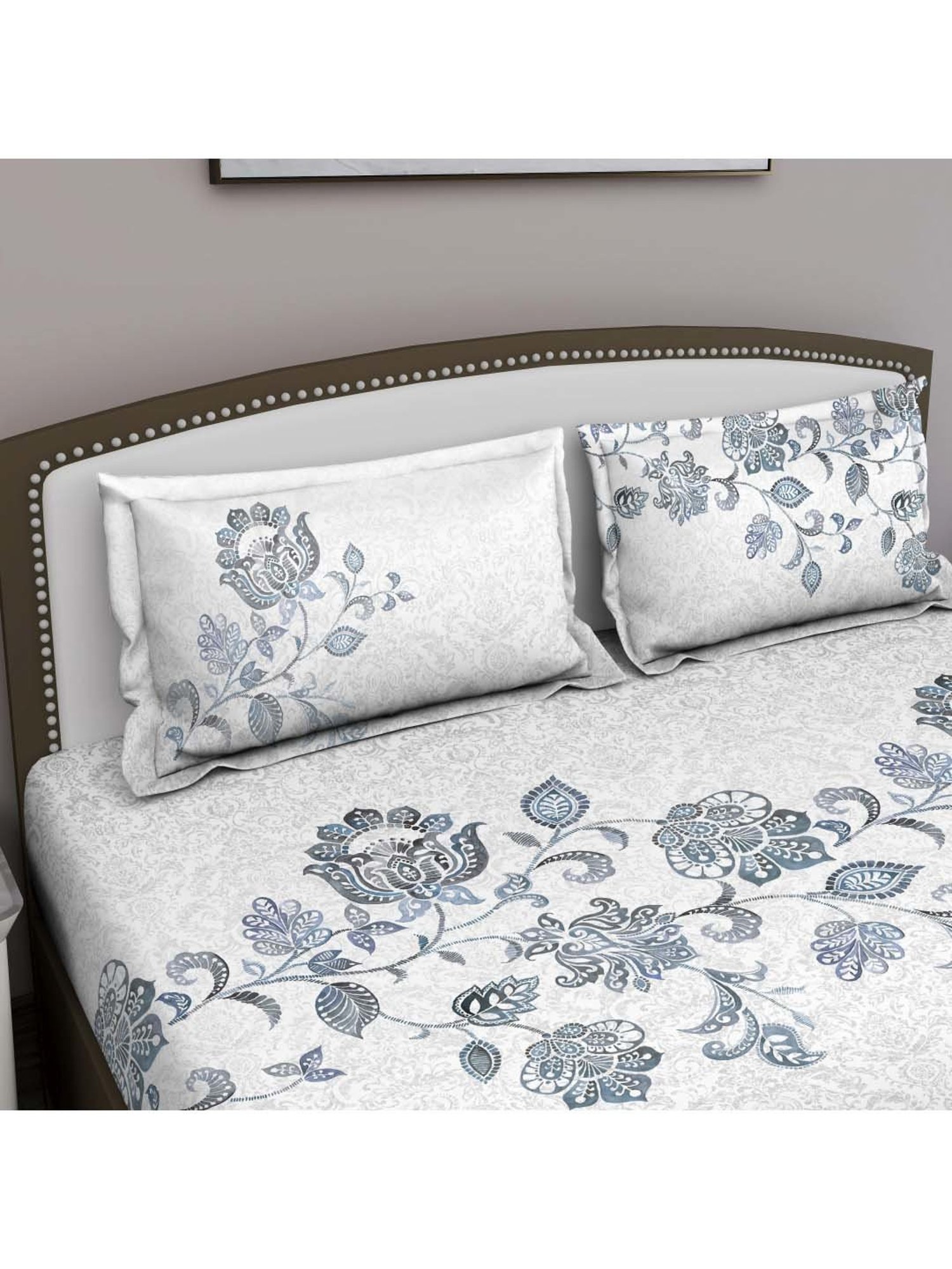 GM 'Fiesta' Grey & White Cotton 180 TC Double Bedsheet with 2 Pillow Covers