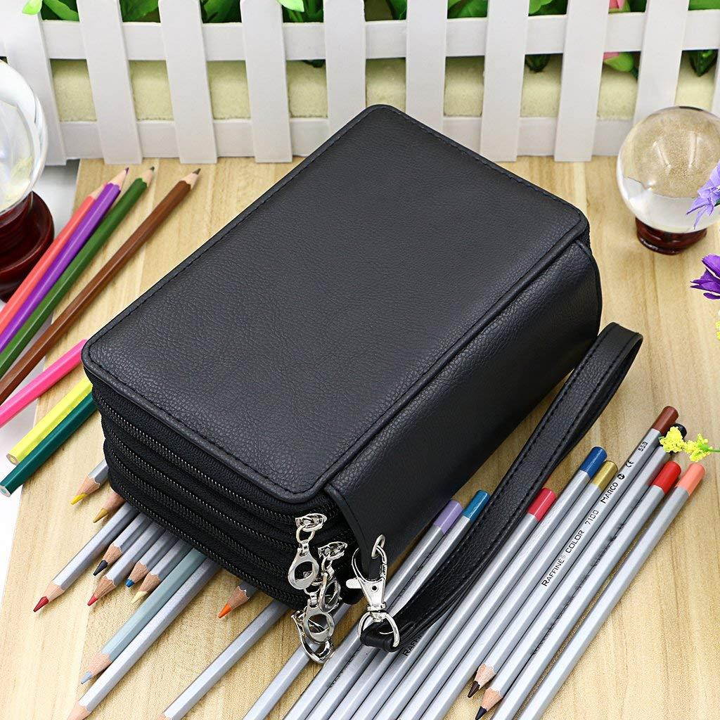 BTSKY PU Leather Colored Pencil Case with Compartments-72 Slots Handy Pencil Holder for Watercolor Pencils, Gel Pens and Ordinary Pencils (Black)