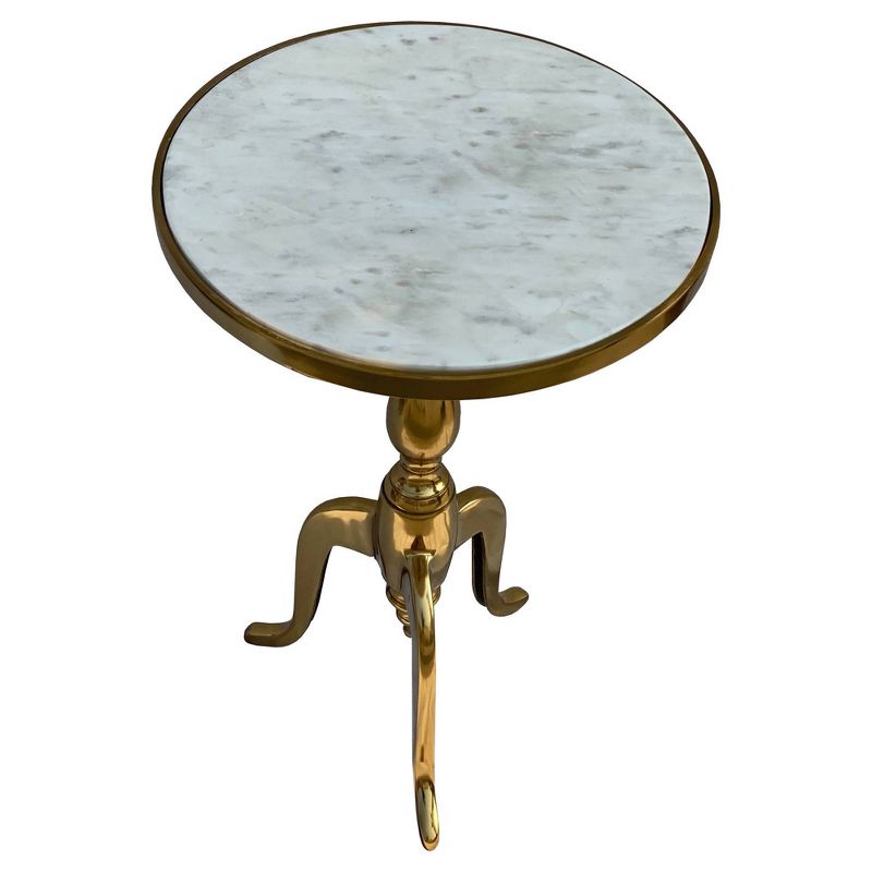 Round Marble Top Accent End Table with Flared Pedestal Metal Base White/Gold - The Urban Port