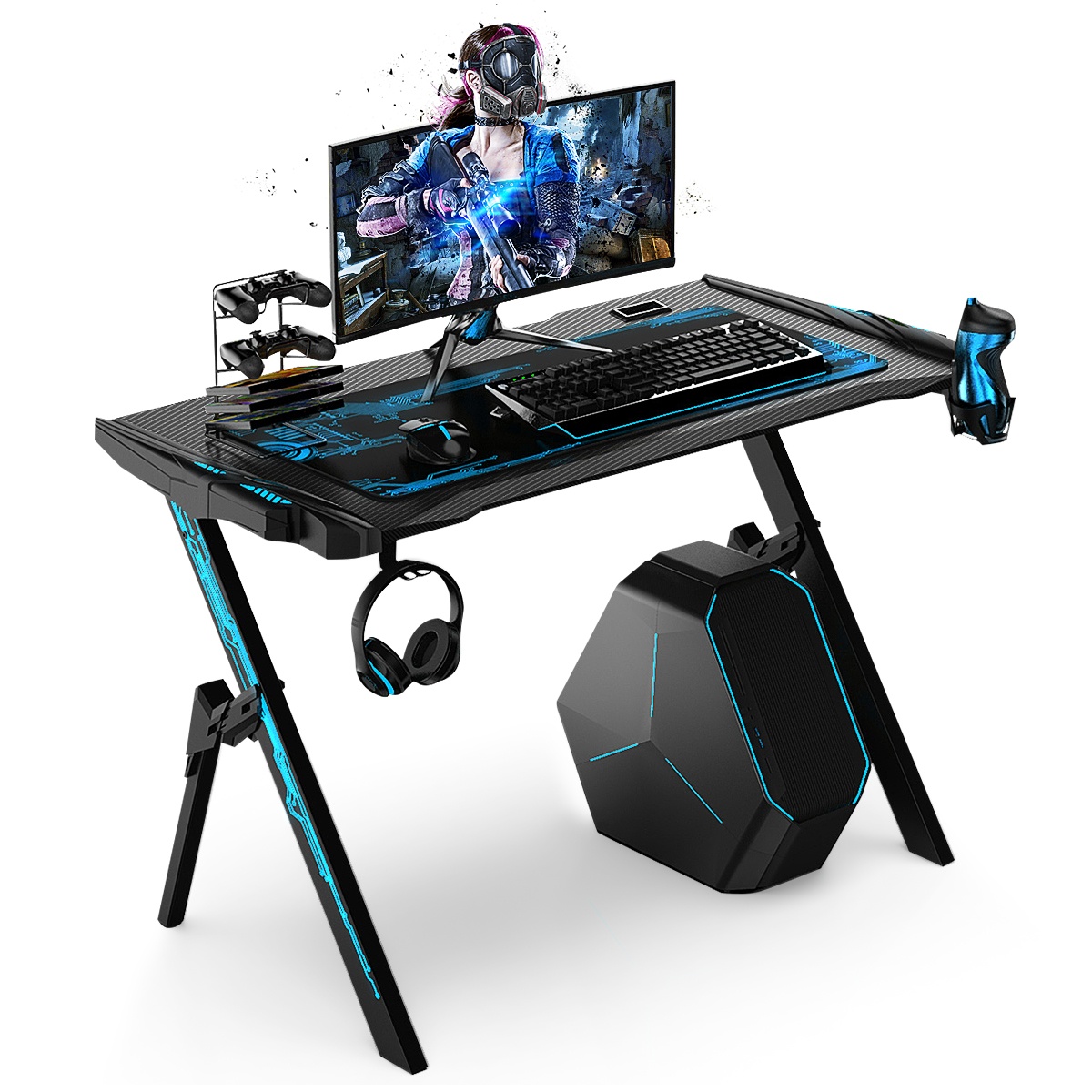 43.3" Metal Gaming Computer Desk RGB LED Lights W/ Cup Holder Headphone Hook Mouse Mat