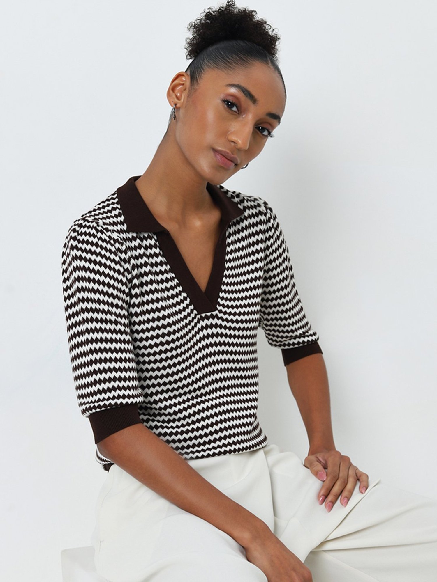 Wardrobe by Westside Dark Brown Geometric Printed Knitted Top