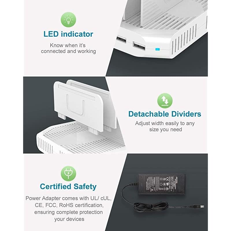 Multi Charging Station 10Port USB Charger for Multiple Device with SmartIC Tech and Adjustable Dividers Organizer Stand Compatible with iPad Tablet Kindle iPhone