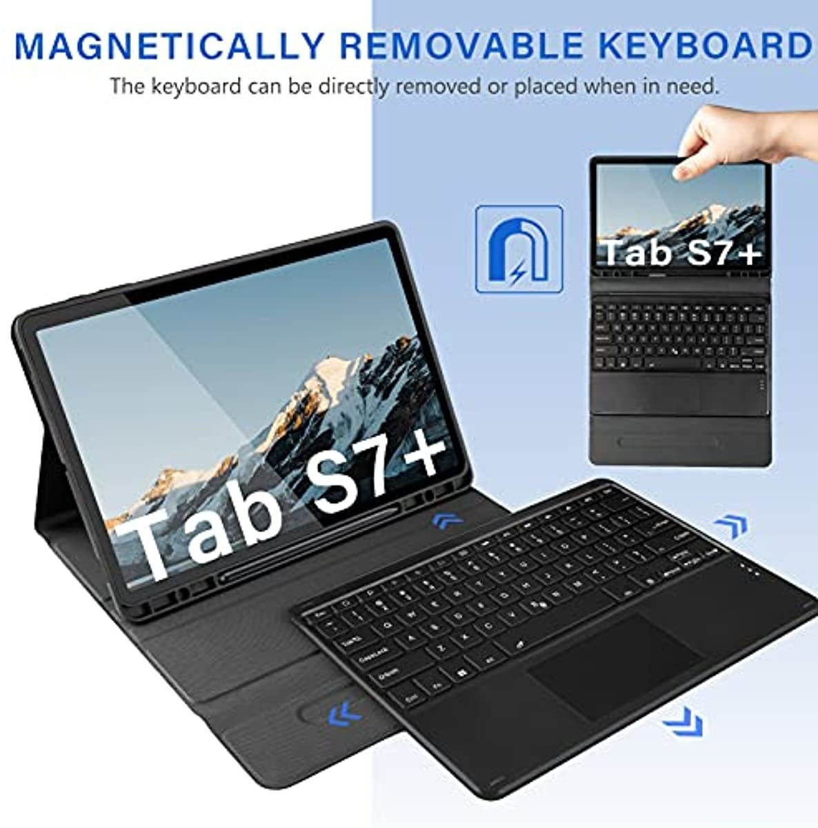 Jelly Comb Backlit Bluetooth Keyboard Case with Trackpad for Samsung Galaxy S7 Plus 12.4" 2020 (SM-T970/T975/T976), Wireless Detachable Keyboard with Mouse pad & Protective Cover & S Pen Holder, Black