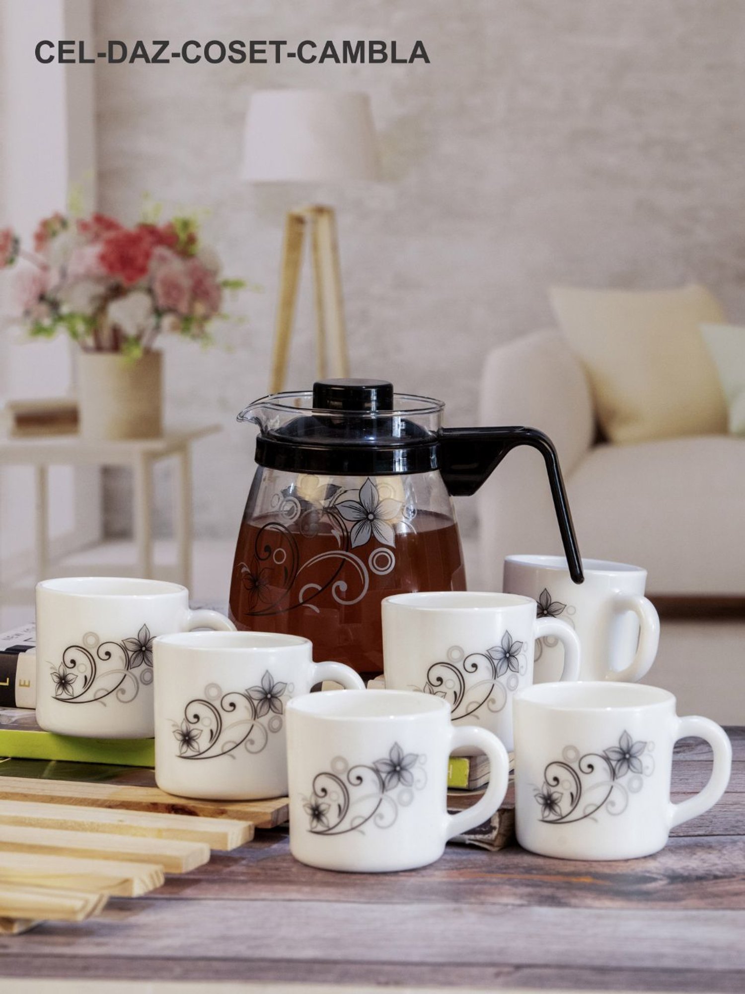 Cello Floral Multicolor Opalware Tea Set - Set of 6 Cups (180ml) & 1 Tea Pot (750ml)