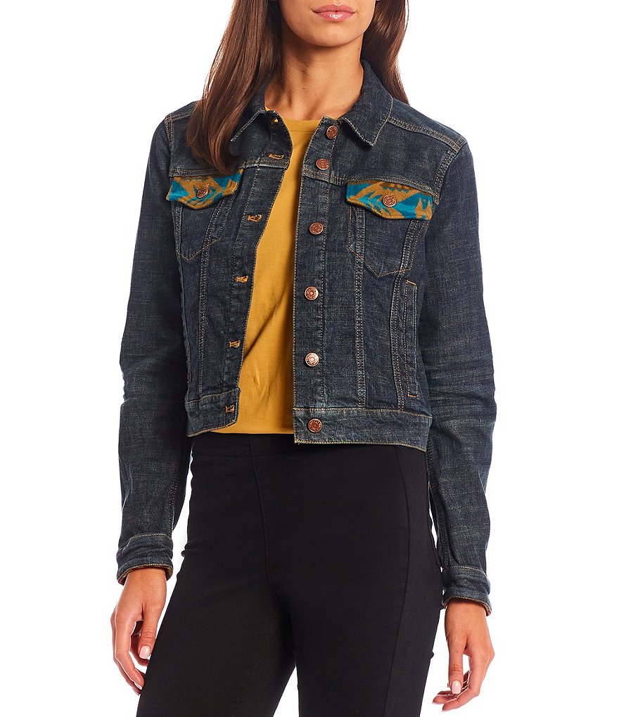 Pendleton Wool Jacquard Point Collar Neck Long Sleeve Denim Jean Jacket