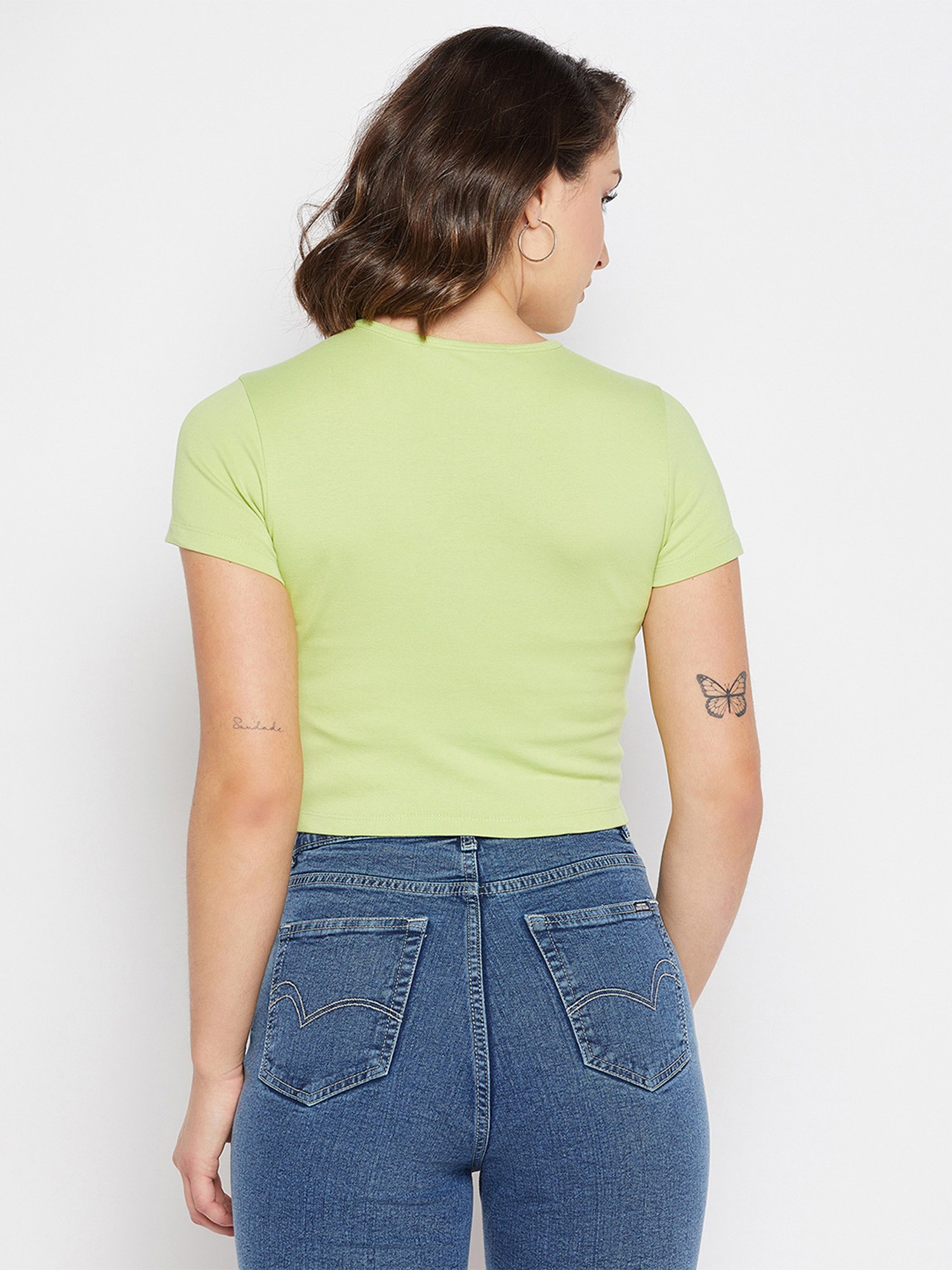 MADAME Green Cotton Regular Fit Crop Top