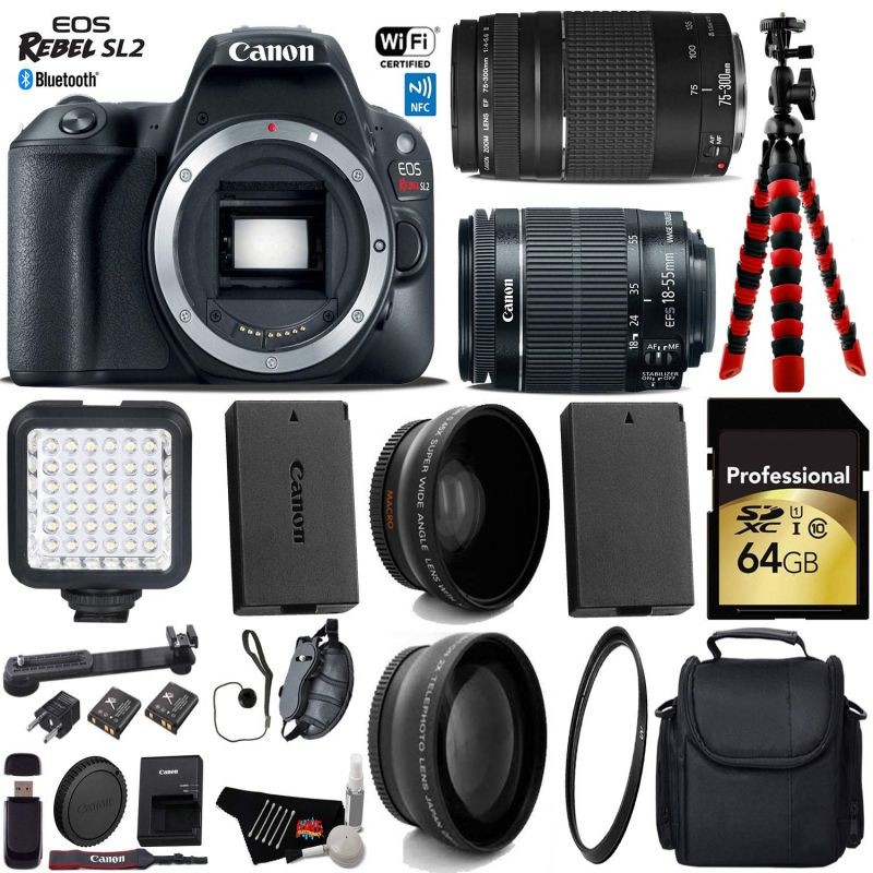 Canon EOS Rebel SL2 DSLR Camera with 18-55mm is STM Lens & 75-300mm III Lens + LED + UV FLD CPL Filter Kit + Wide Angle & Telephoto Lens + Camera Case + Tripod + Card Reader - Intl Model