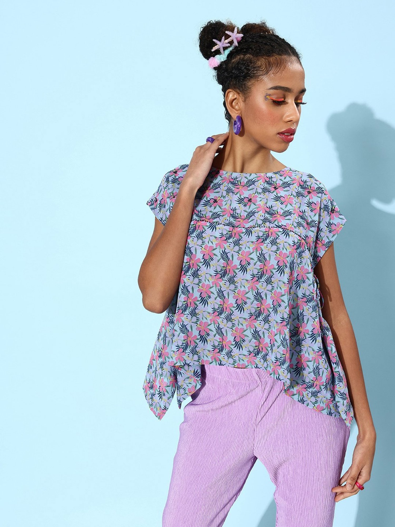 QUIERO Blue & Pink Floral Print Top