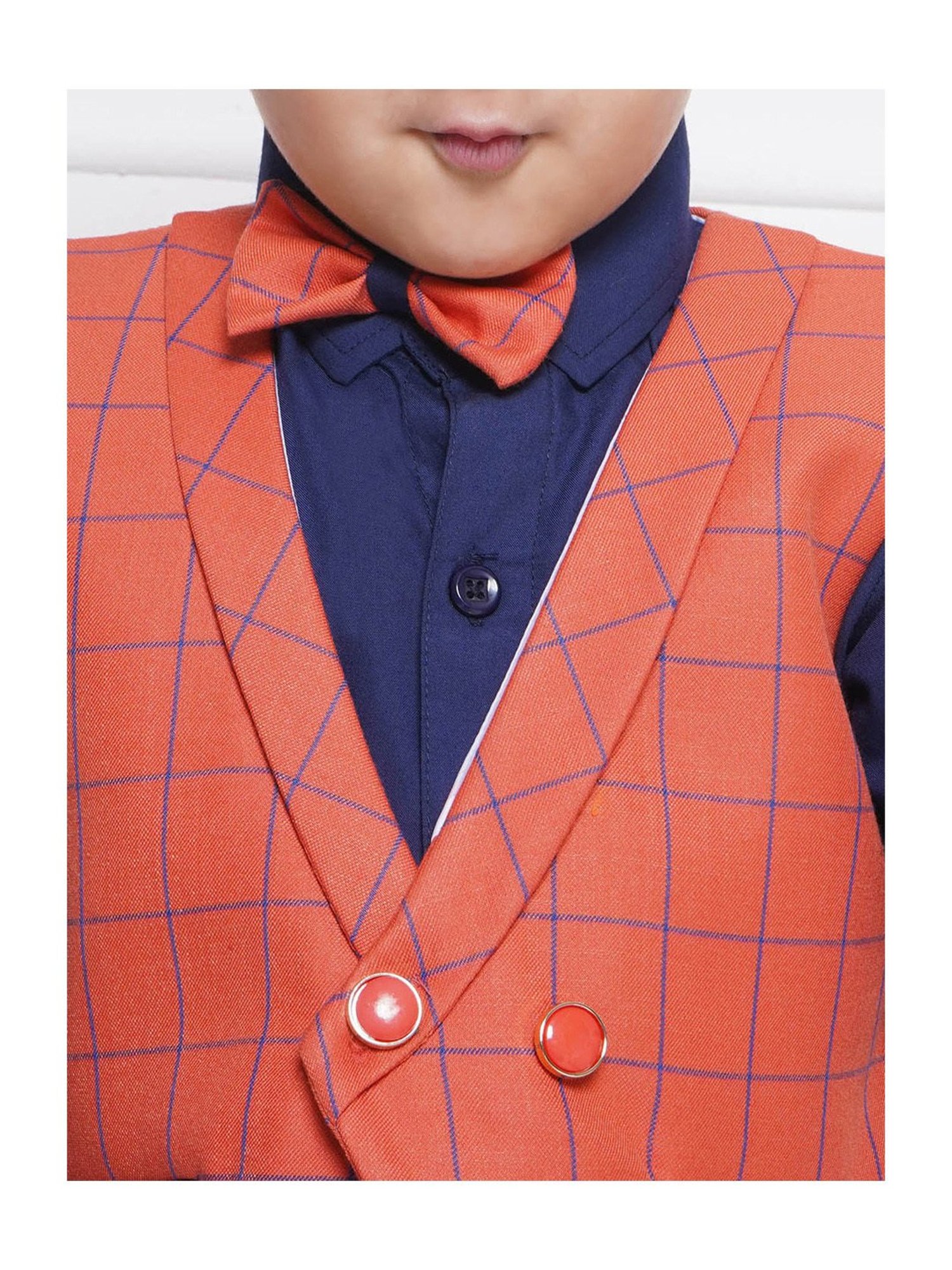 AJ Dezines Kids Red & Navy Checks Full Sleeves Shirt, Pants, Waistcoat with Bow Tie