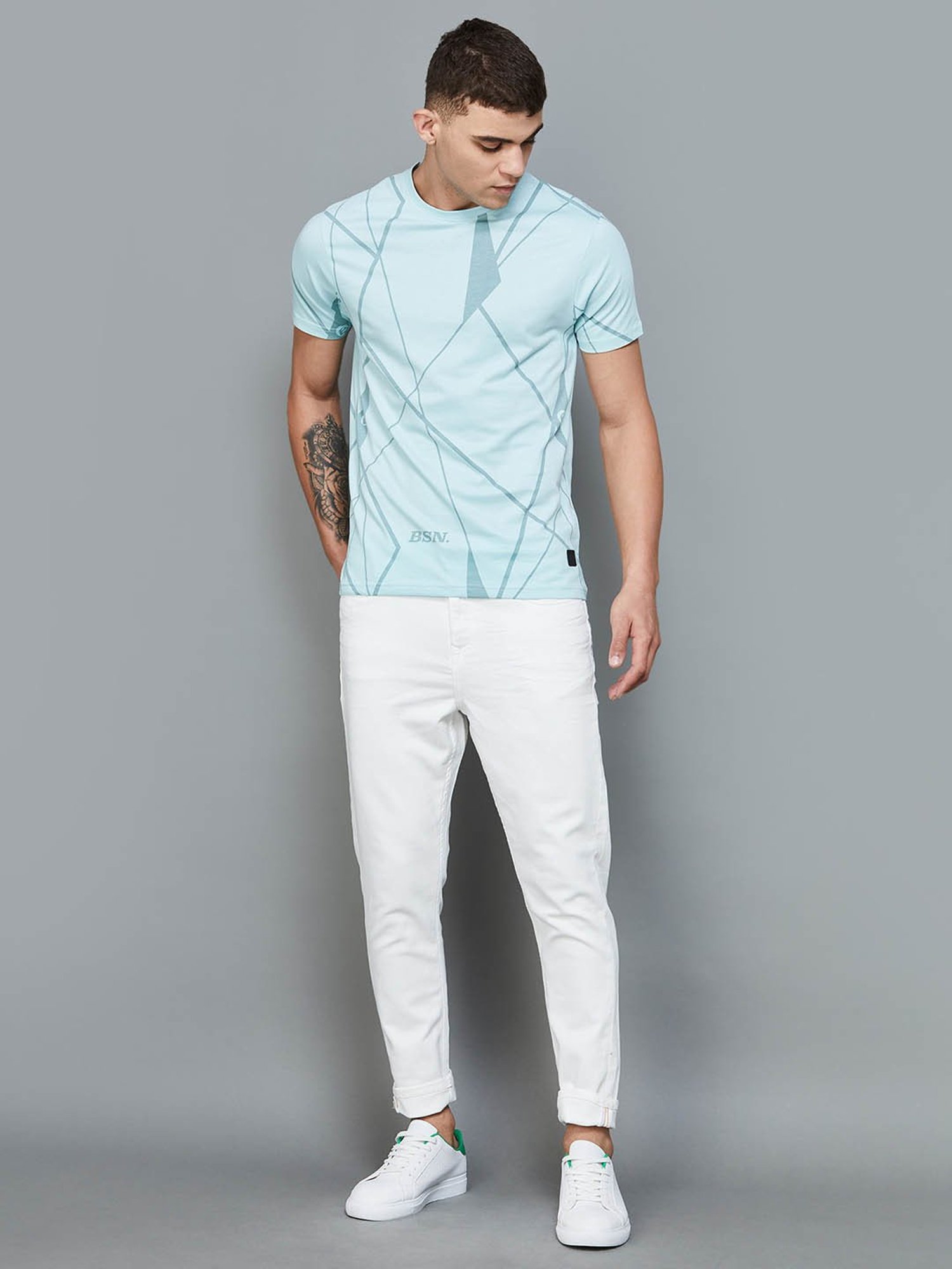 BOSSINI Blue Cotton Regular Fit Printed T-Shirt