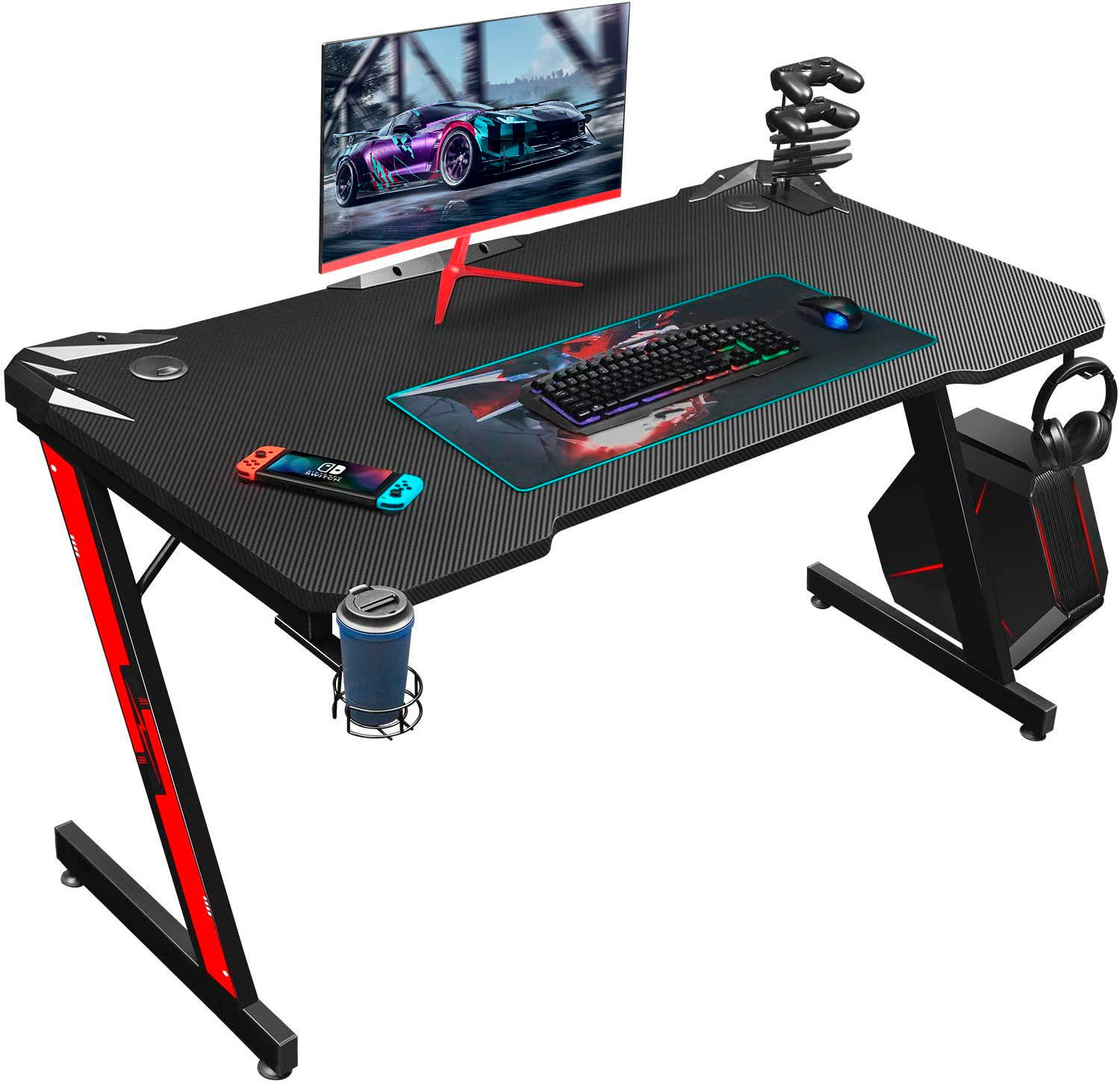 Gaming Desk 47.2" W x 23.6" D Office Computer Table, Black Gamer Workstation with 2 Cable Management Holes