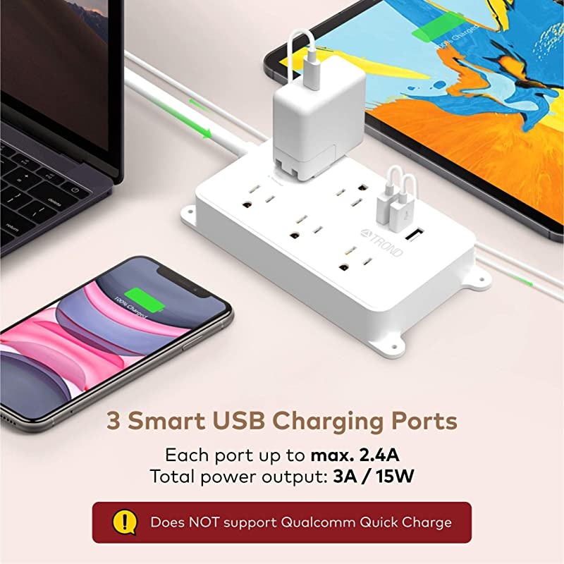 Strip Flat Plug TROND Surge Protector Outlet Expansion Plug ETL Listed 5 WidelySpaced Outlets and 3 USB Ports Wall Mountable 5ft Cord for Desktop Garage Kitchen Behind TV White