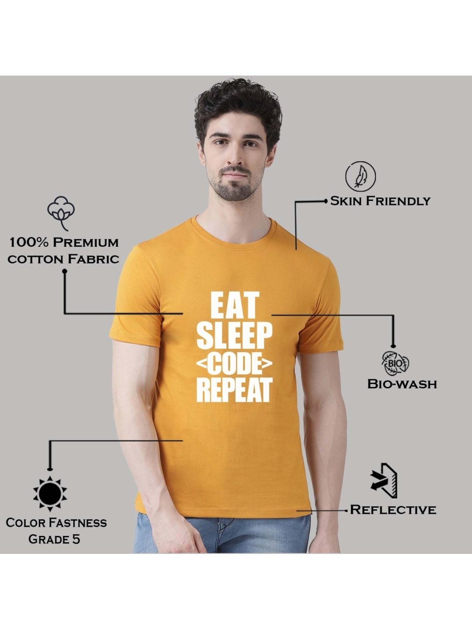 Friskers Mustard Cotton Slim Fit Printed T-Shirt