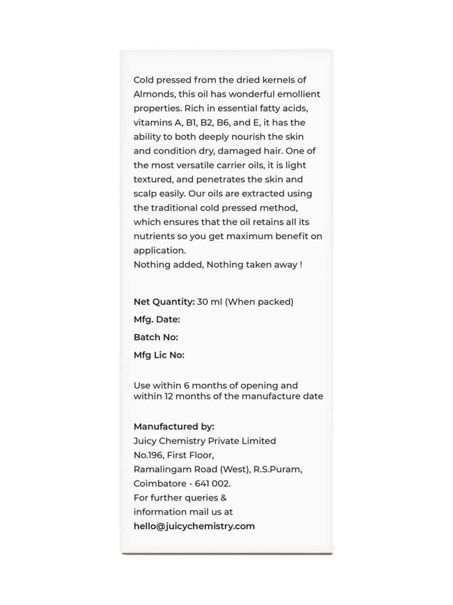 Juicy Chemistry Sweet Almond Cold Pressed Carrier Oil - 30 ml