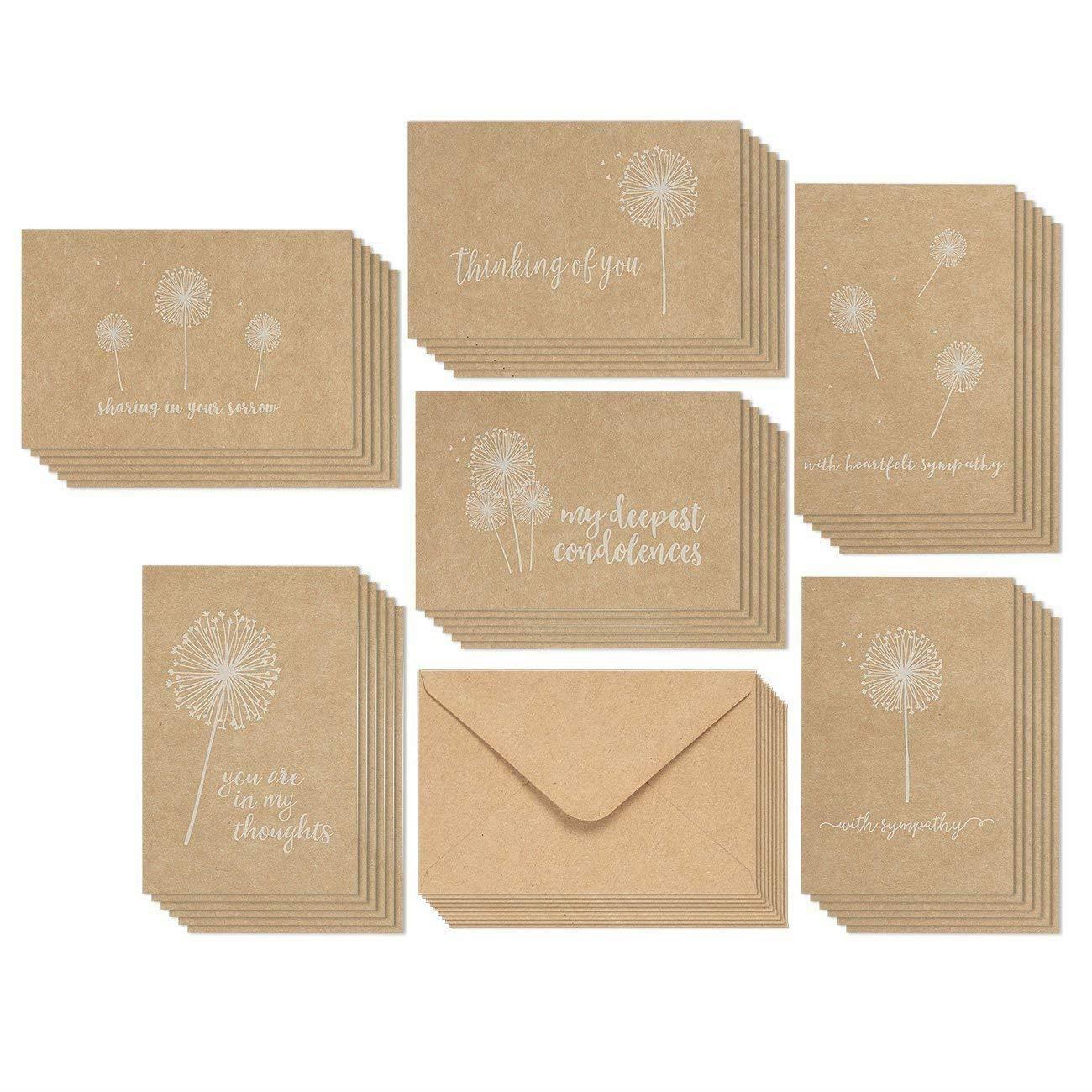 Sympathy Cards - 36-Pack Sympathy Cards Bulk, Greeting Cards Sympathy Kraft Paper, 6 Floral Designs, Envelopes Included, Assorted Sympathy Cards, 4 x 6 Inches
