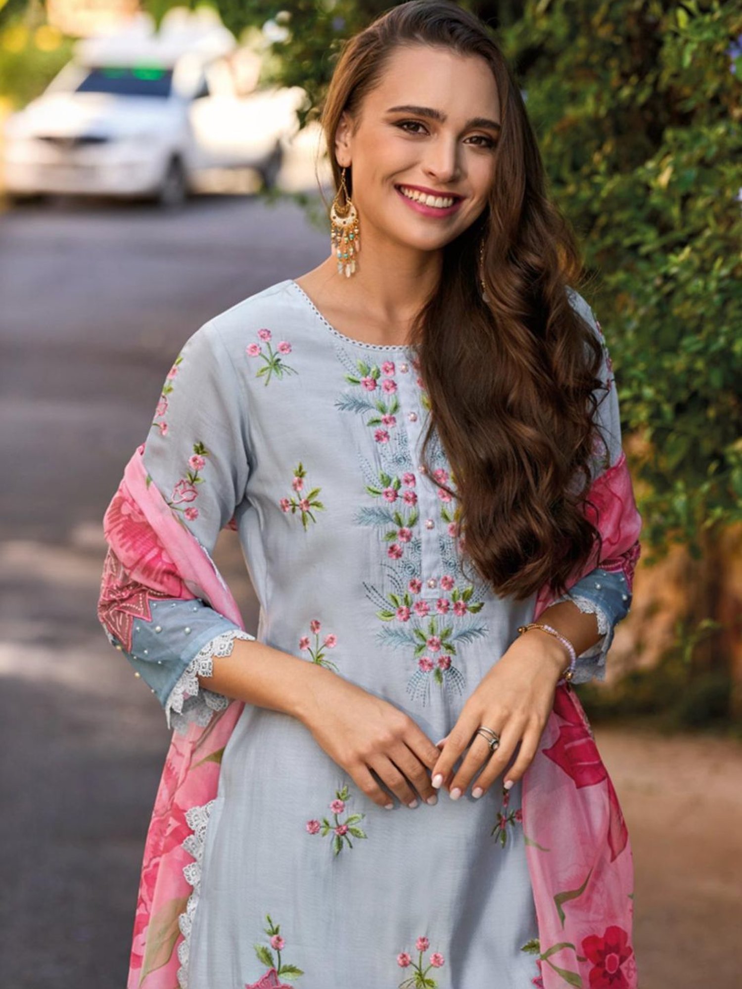 Autumnlane Afia Softblue Full Work Pakistani Kurta with Pant and Dupatta
