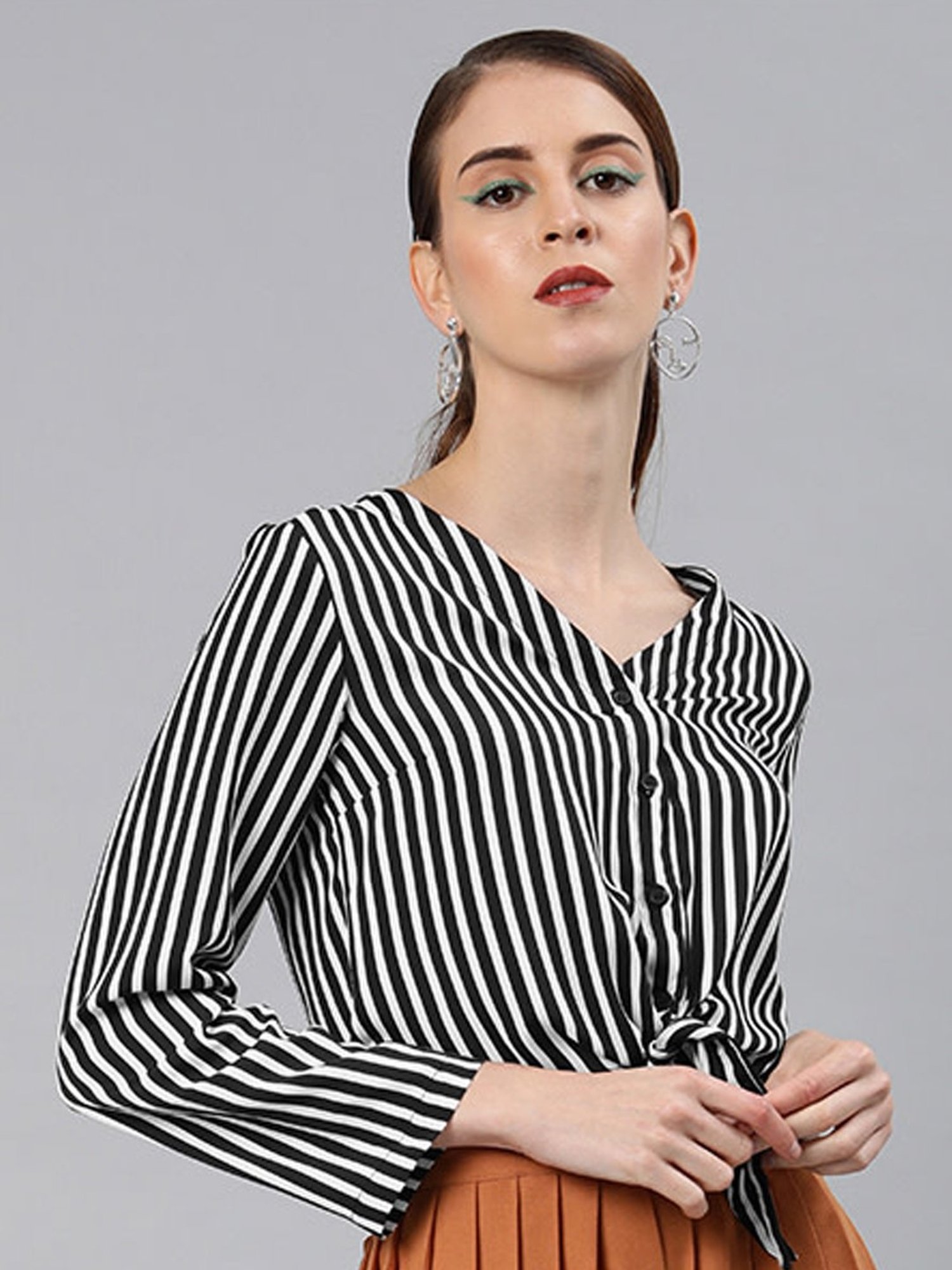 Sera Black & White Striped Front Knot Crop Top