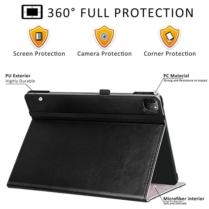 for New iPad Pro 12.9 Case 2020, Leather Folio Stand Case Smart Cover with Auto Sleep/Wake Strap Pocket Supports iPad Pencil Charging for 2020 iPad Pro 12.9 Inch 4th Generation - Black