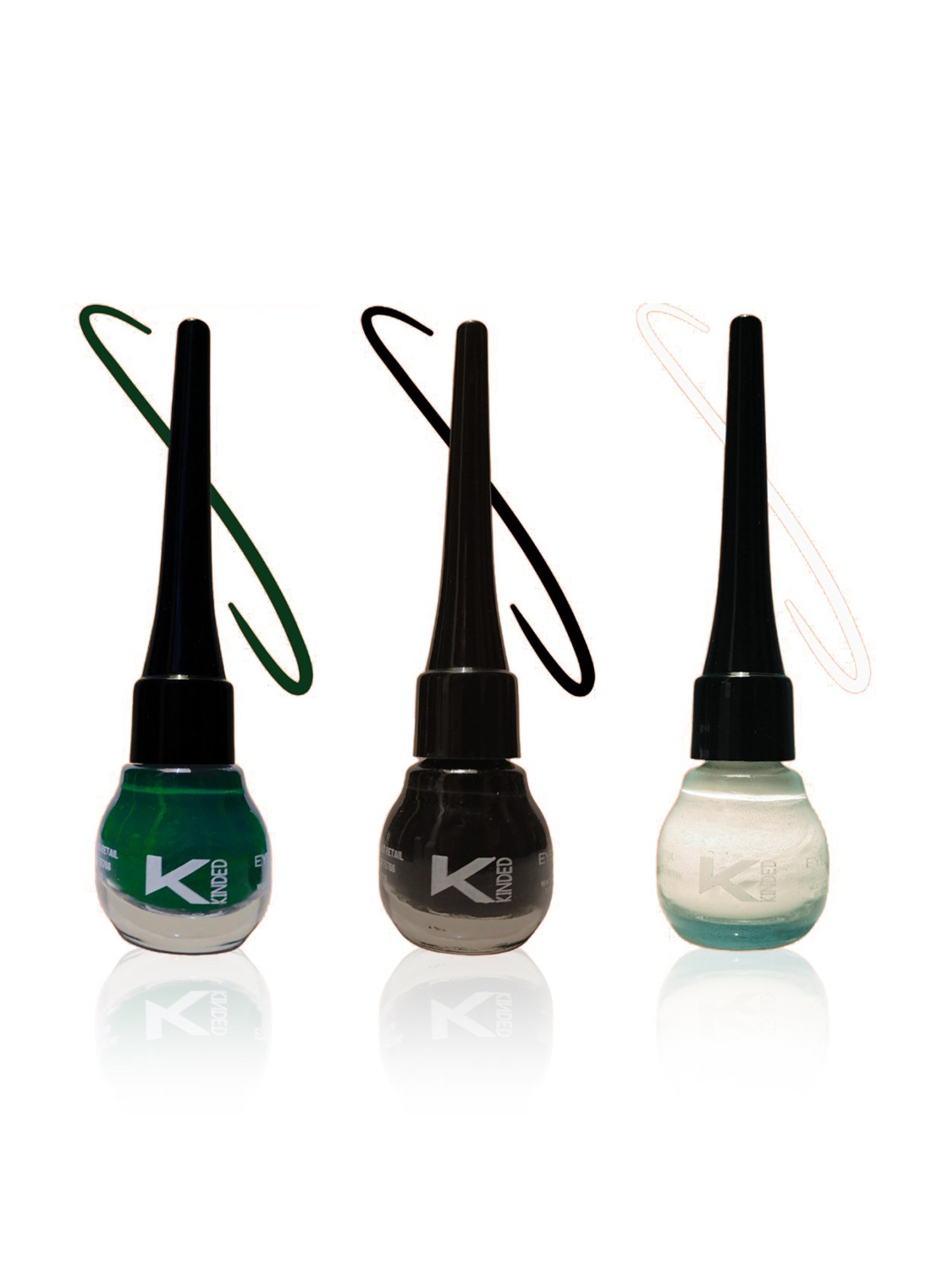 KINDED Liquid Eye Liner Midnight Black, White Pearl & Dapper Green Combo