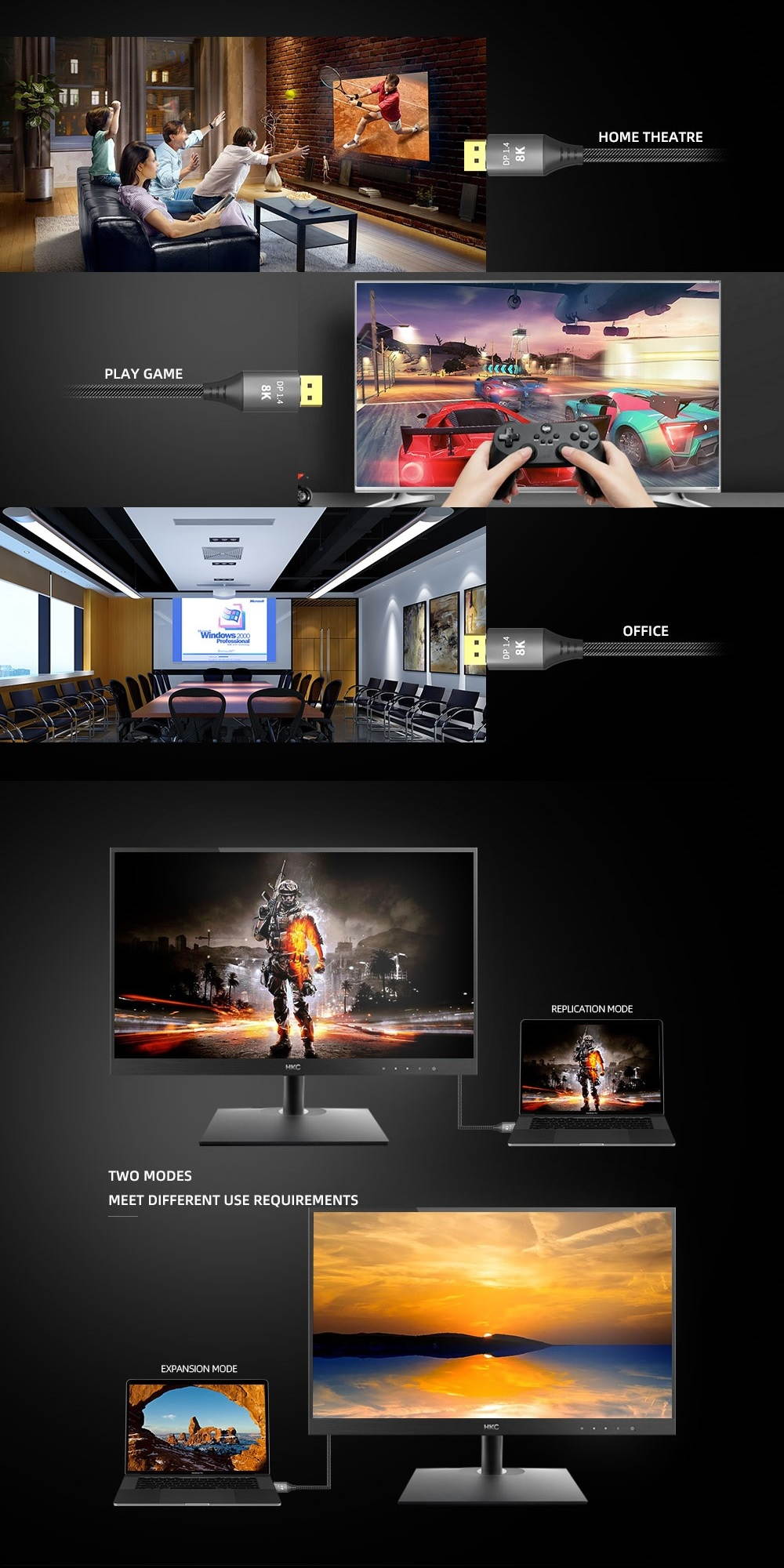 DisplayPort Cable 6.6ft, Jansicotek 8K DP Cable Nylon Braided(8K@60Hz,4K@144Hz) DP to DP Cable Ultra 32.4Gbps High Speed Display Port Cable Compatible with Computer Desktop Laptop PC - (6.6FT)