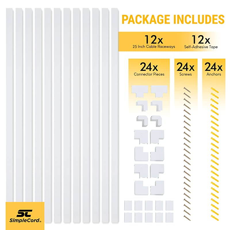 Concealer OnWall Cord Cover Raceway Kit 12 White Covers Management System to Hide s Cords or Wires Organize s to TVs and Computers at Home or in The Office