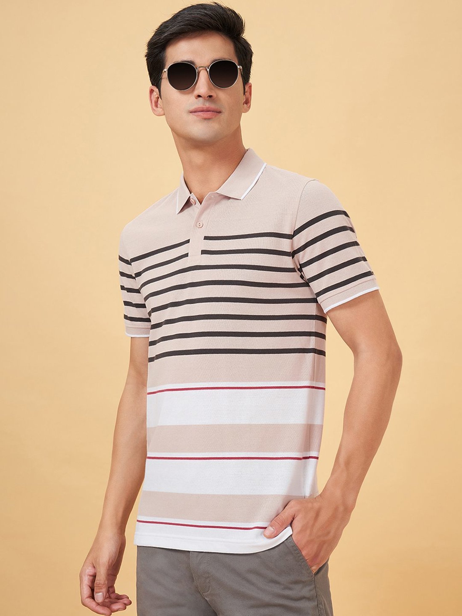 Byford By Pantaloons Beige Slim Fit Striped Polo T-Shirt