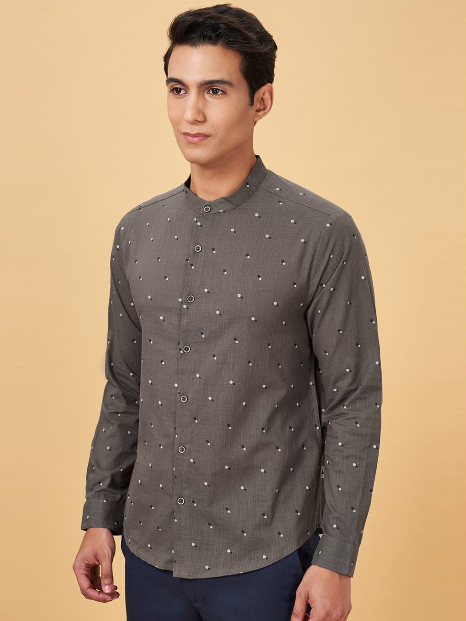 Indus Route By Pantaloons Steel Gray Regular Fit Printed Shirt