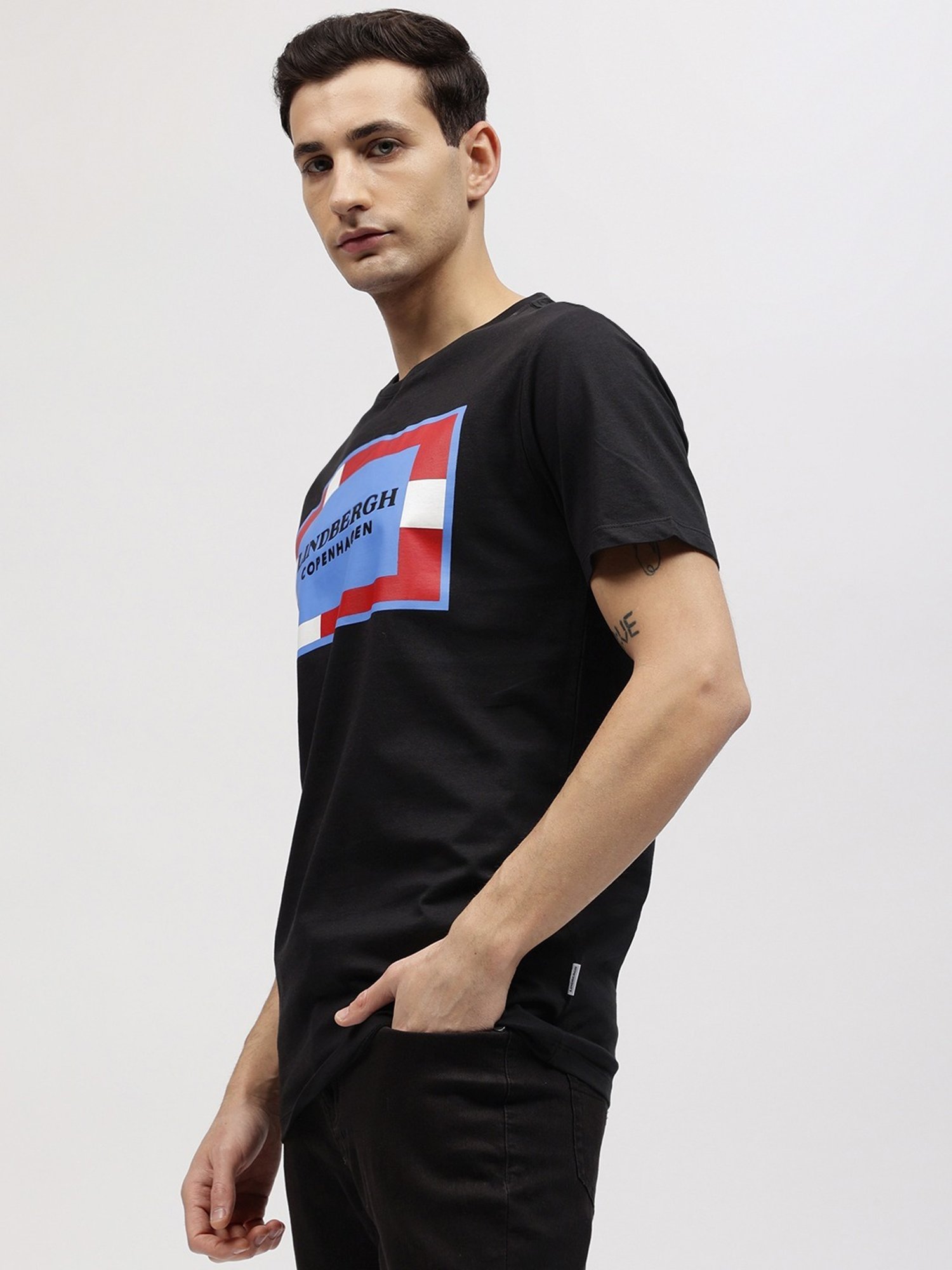 Lindbergh Black Cotton Regular Fit Printed T-Shirt