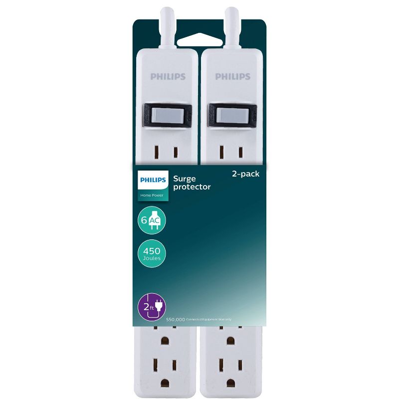 Philips 2pk 6-Outlet Surge Protector with 2' Cord - White