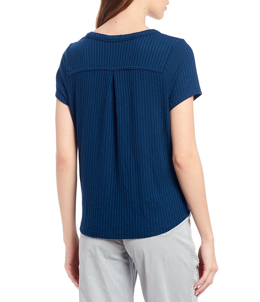 Aventura Ayla V-Neck Short Sleeve Waffle Knit Button-Tie Front Tee