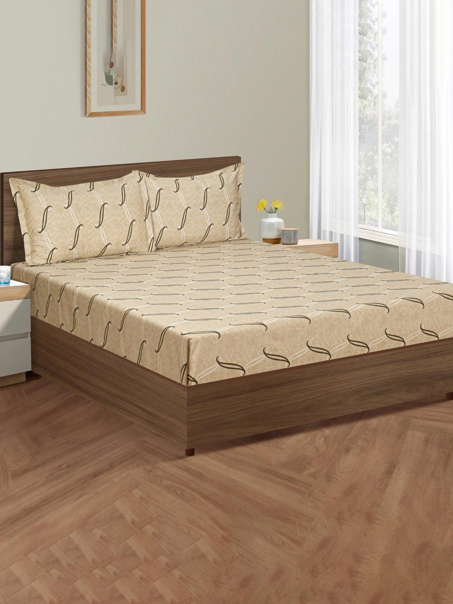 Swayam Dona Abstract Grey 250 TC Cotton King Fitted Fitted Bedsheet with 2 Pillow Covers