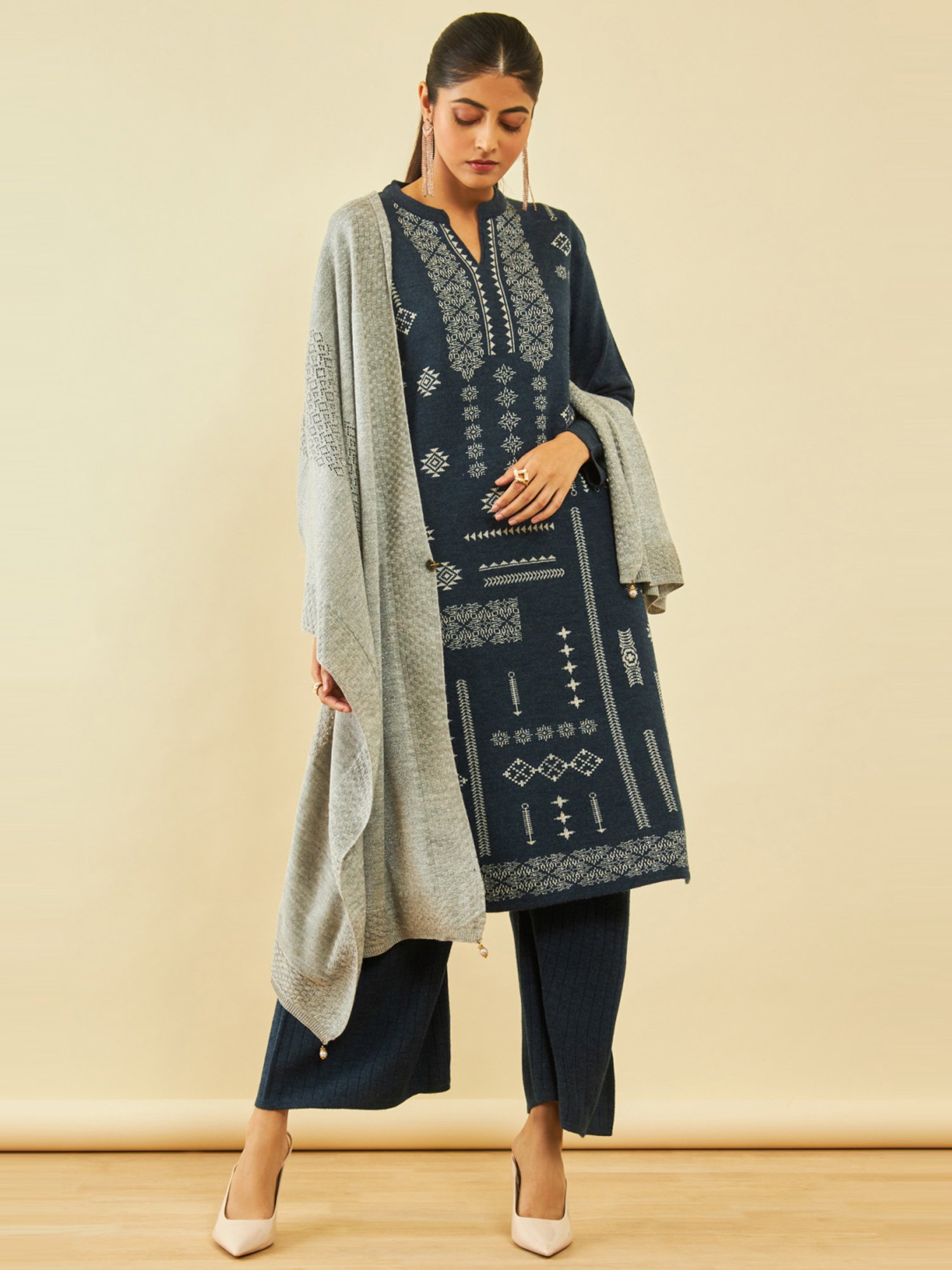 Soch Grey Acrylic Shimmery Pointelle Knit Shawl with Beaded Tassels