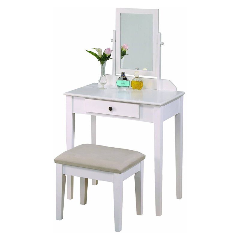 Wood and Fabric Vanity Set with Tilting Vertical Mirror Beige/White - Benzara