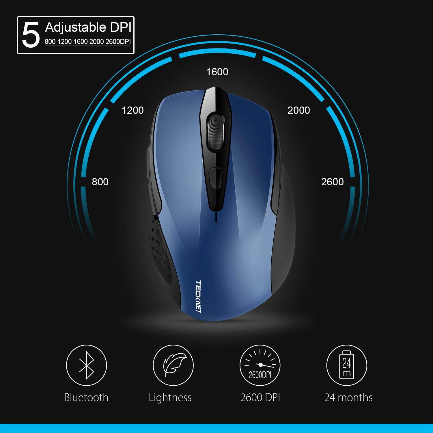 TeckNet 2600DPI Bluetooth Wireless Mouse, 24 Months Battery Life with Battery Indicator, 2600/2000/1600/1200/800DPI (Black)