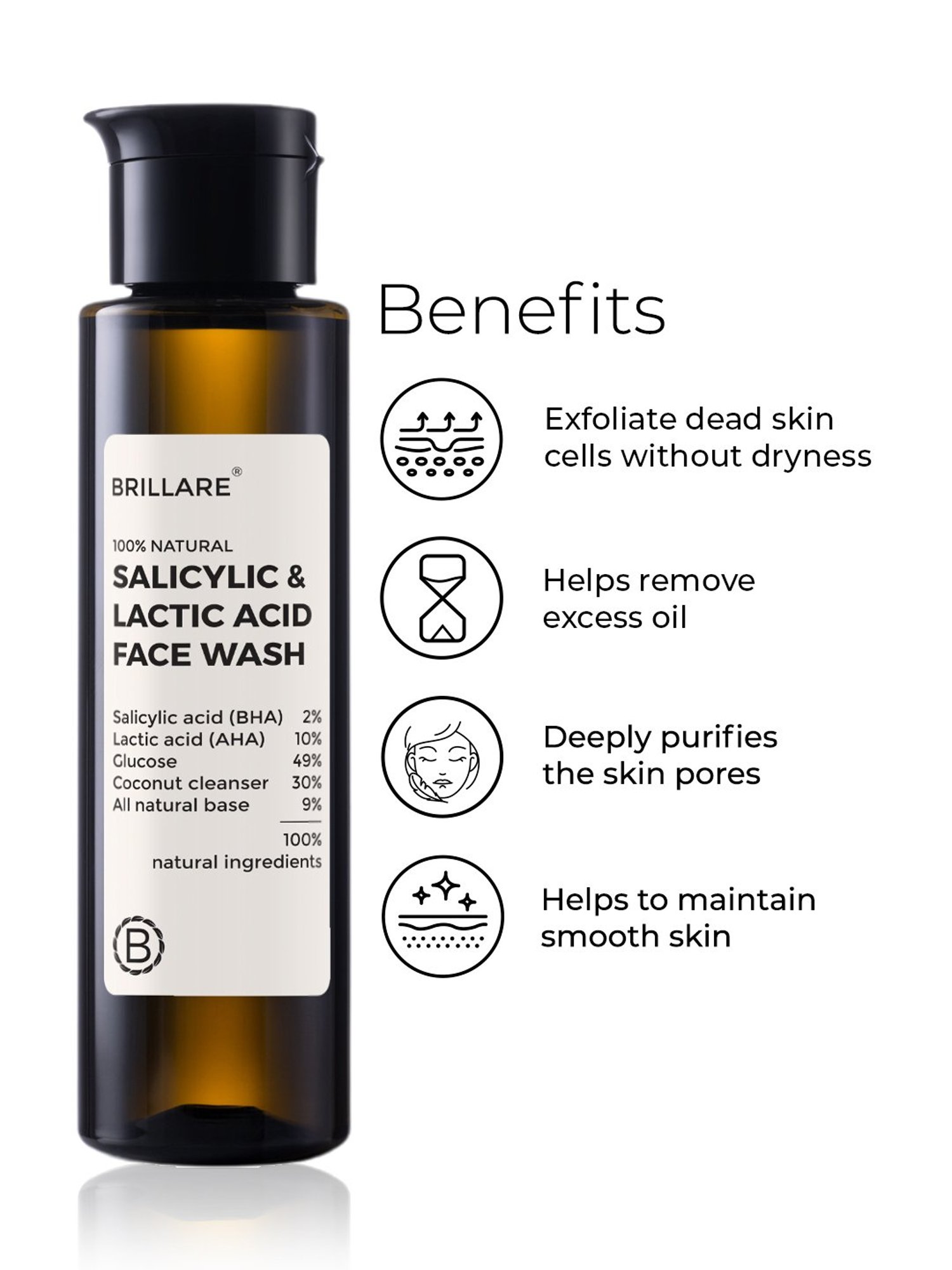 Brillare 100% Natural Salicylic & Lactic Acid Face Wash - 100 ml