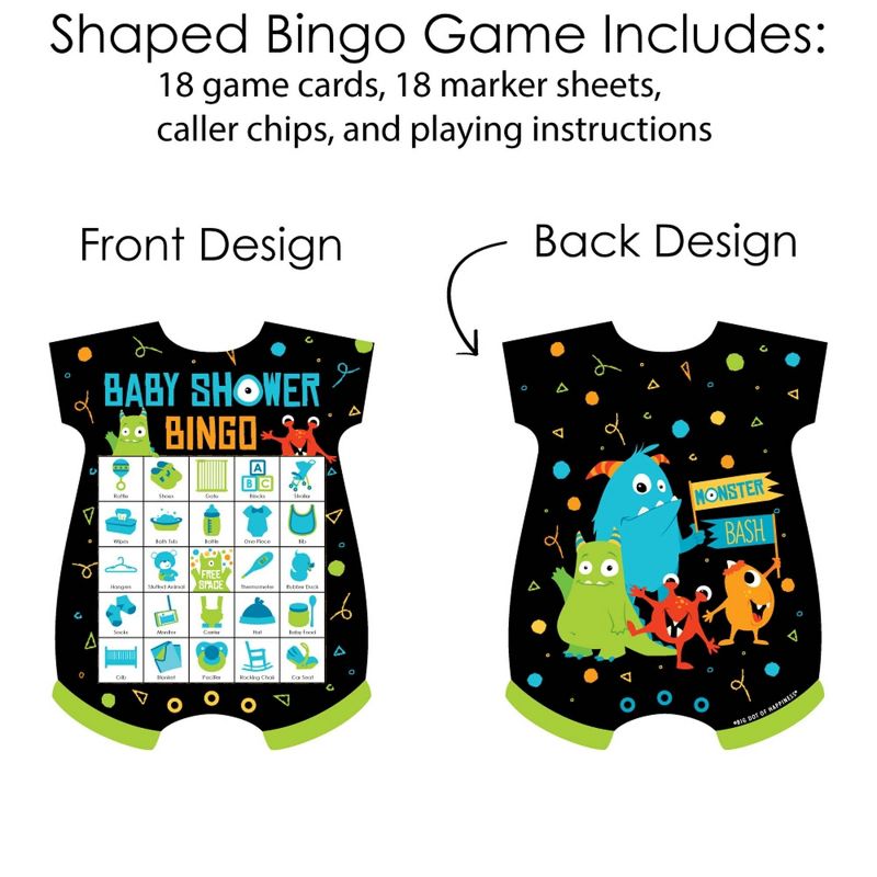 Big Dot of Happiness Monster Bash - Picture Bingo Cards and Markers - Little Monster Baby Shower Shaped Bingo Game - Set of 18
