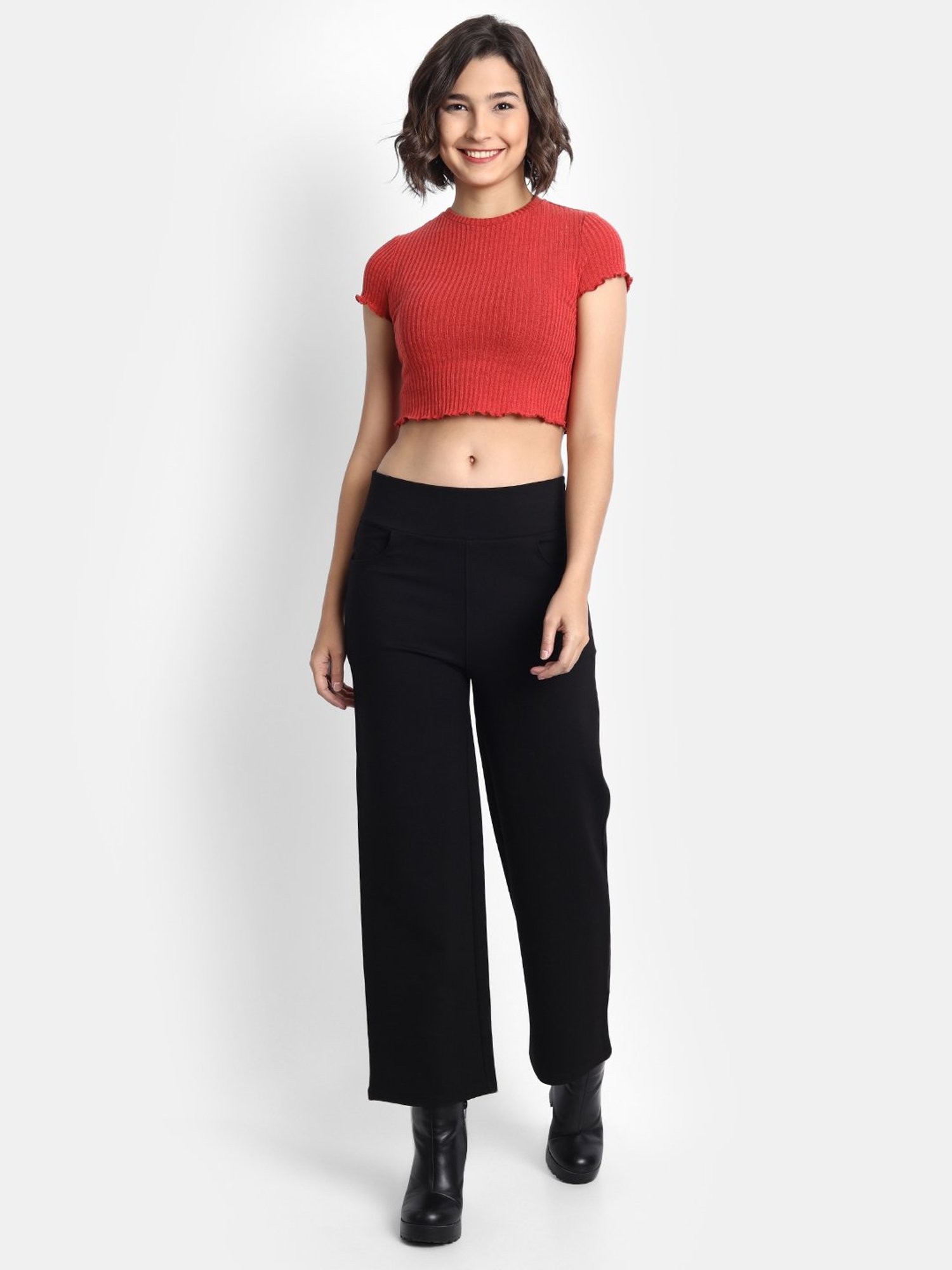 Broadstar Black Straight Fit High Rise Trousers