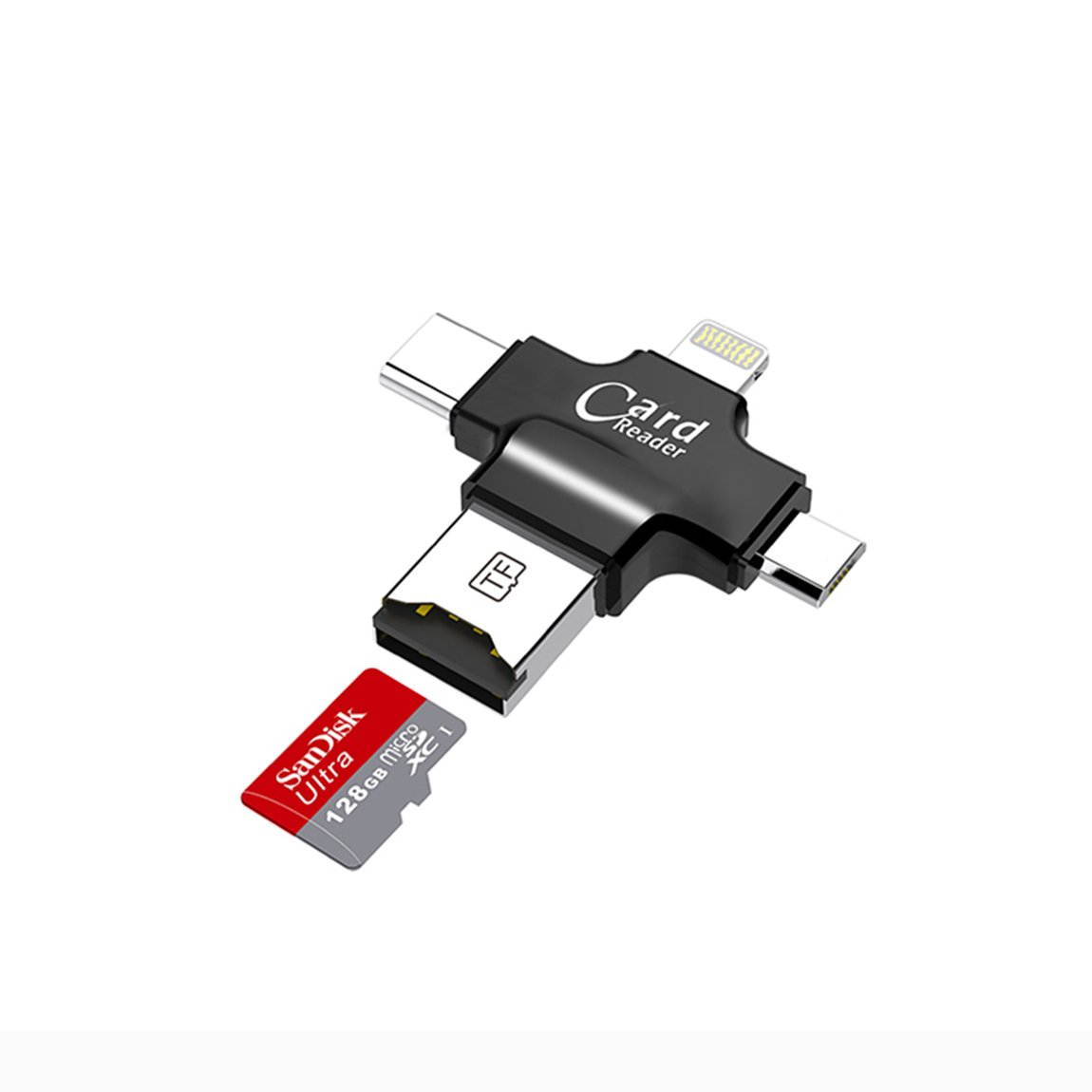 Micro SD Card Reader Caithly 4 in 1 Card Reader with Type-C USB Connector OTG HUB Adapter, TF Flash Memory Card Readers for iPhone iOS/Android Micro USB/Type-C Port Phones/Mac/PC (Black)
