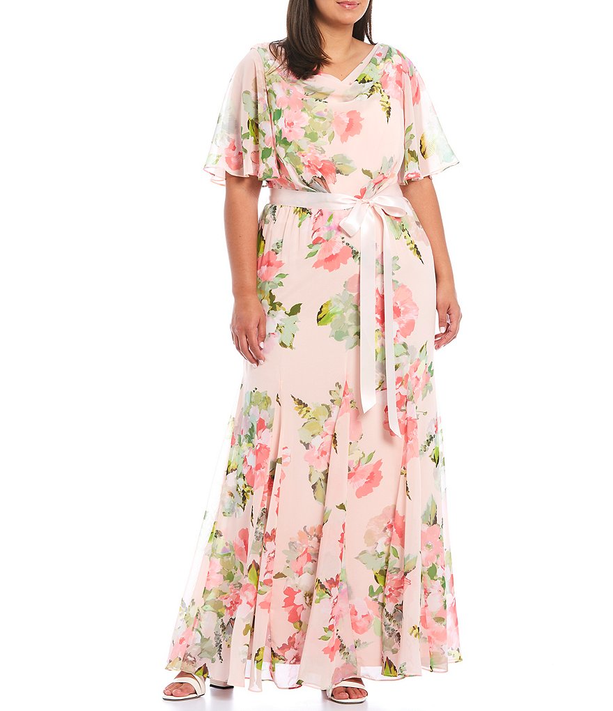 Adrianna Papell Plus Size Flutter Short Sleeve Cowl Neck Back Floral Chiffon Gown