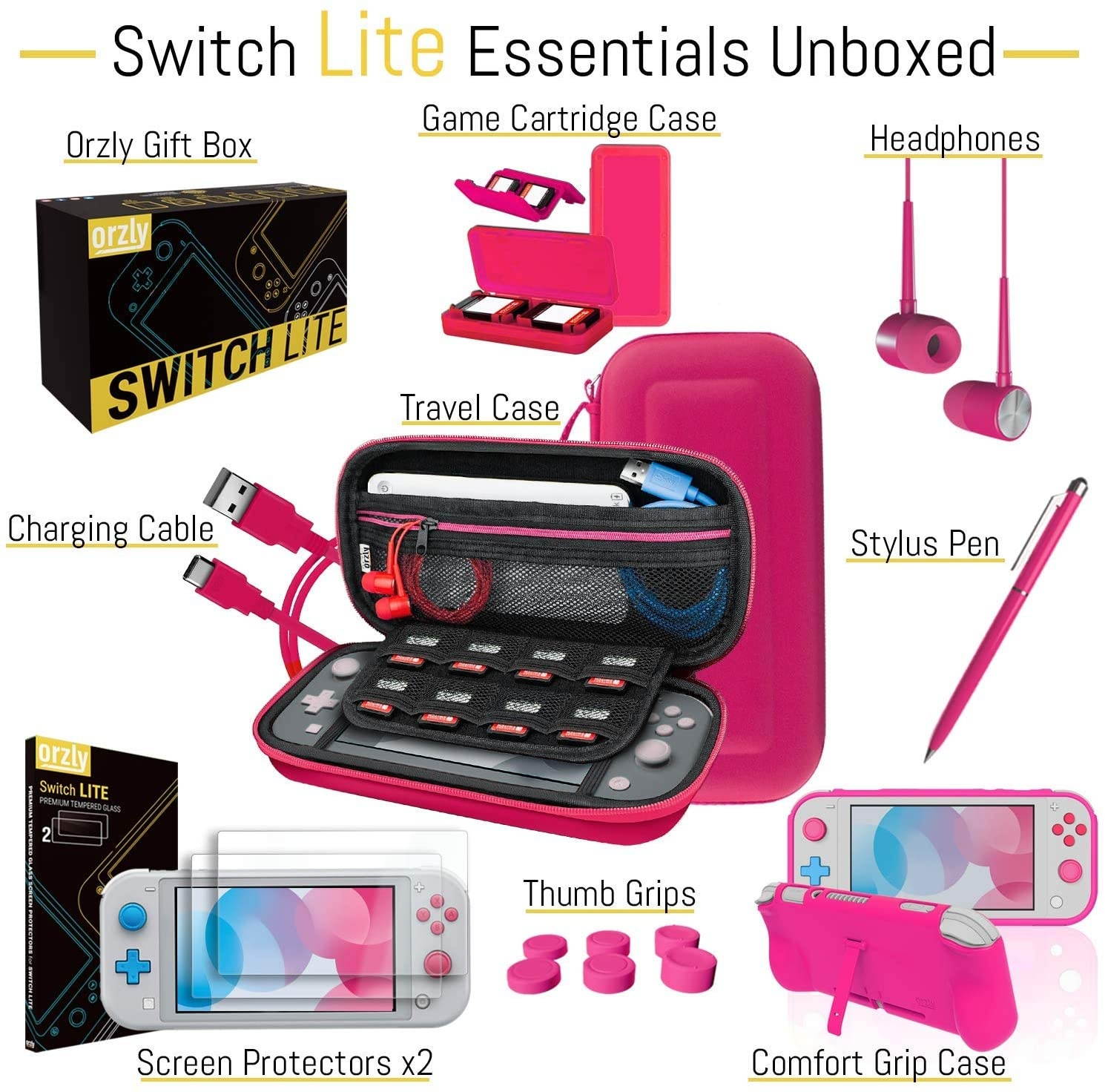 Orzly Accessories Bundle for Switch Lite - Case & Screen Protector for Nintendo Switch Lite Console, USB Cable, Games Holder, Comfort Grip Case, Headphones, Thumb-Grip Pack & More - Pink