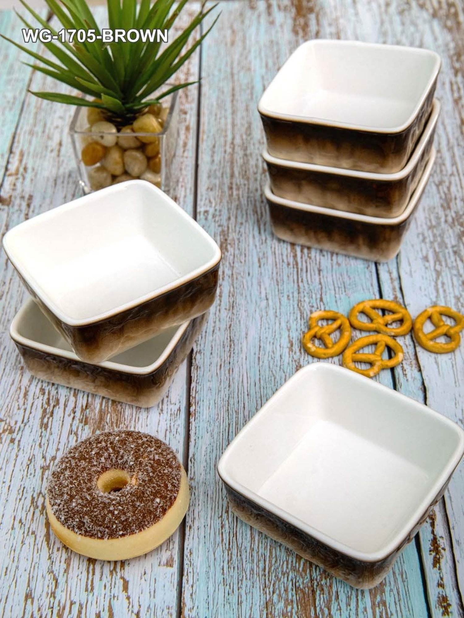 White Gold White & Brown Porcelain Bowls - Set of 6