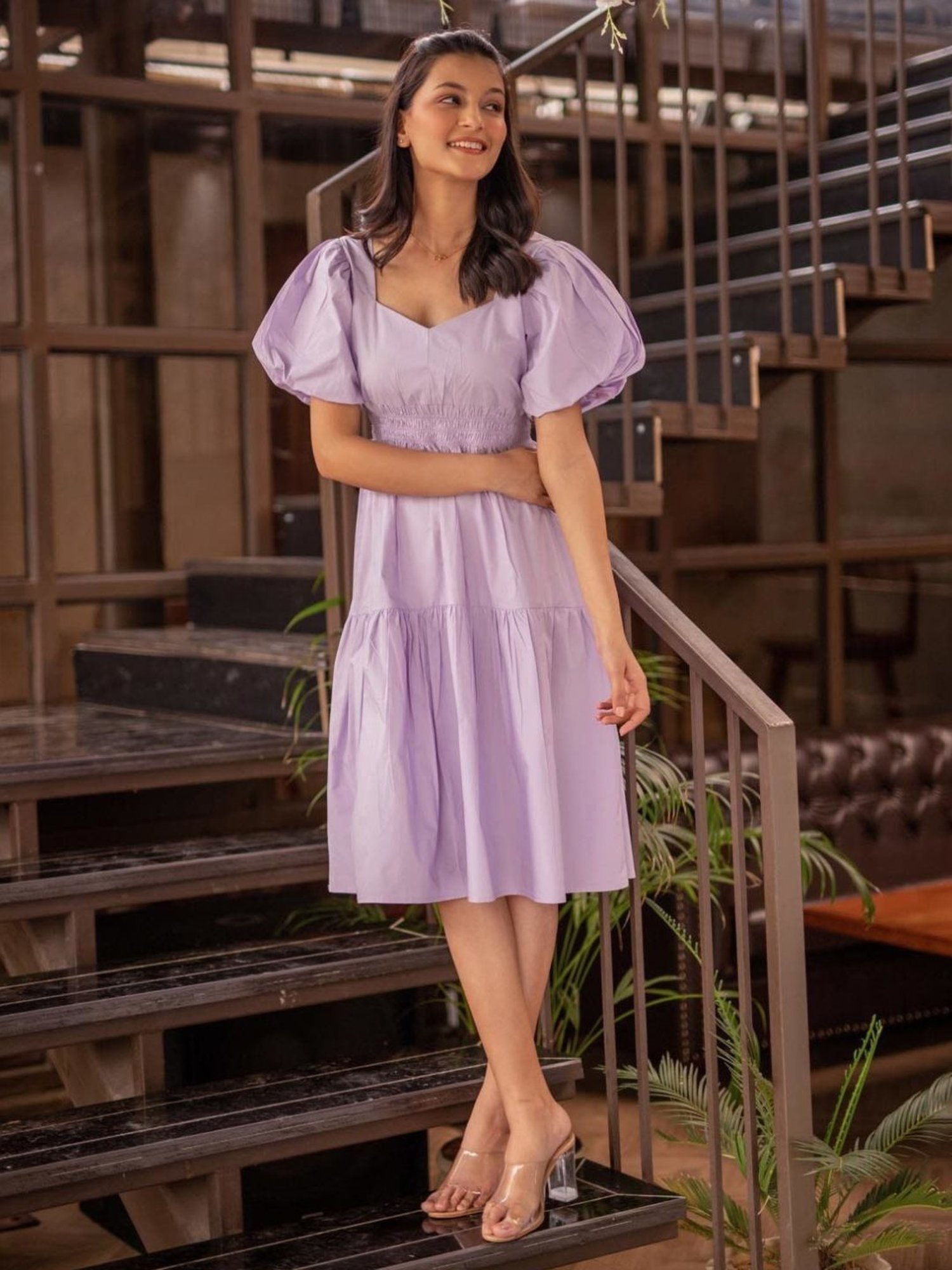 BInfinite Lavender Bishop Sleeve Shirred Waistline Dress