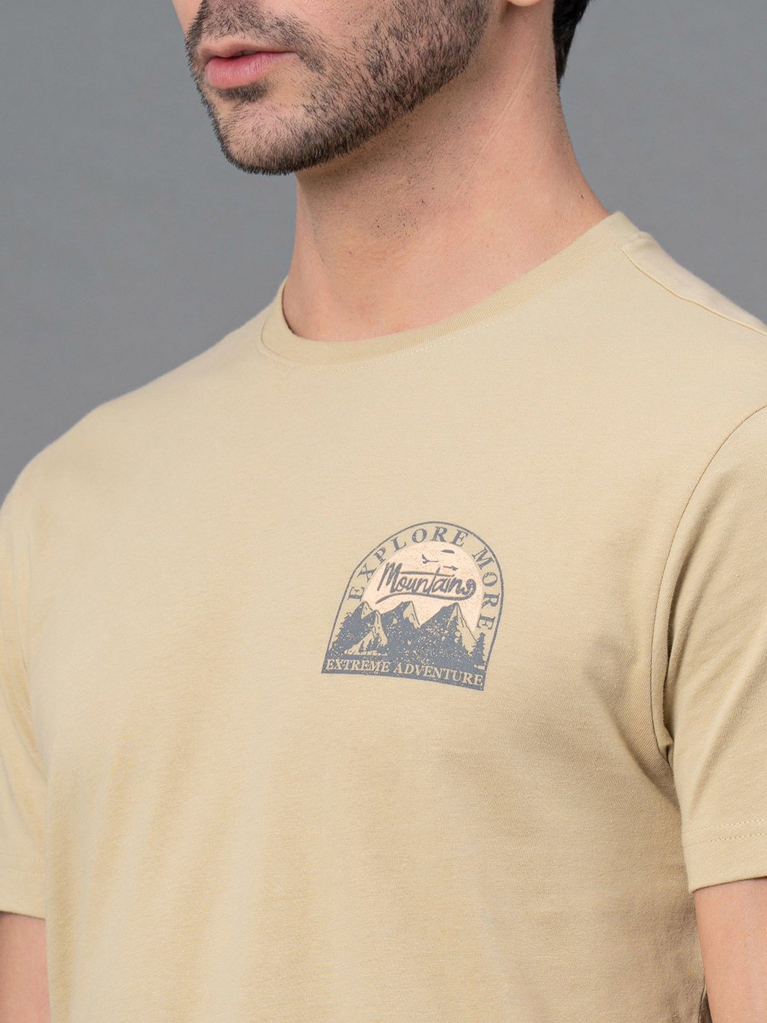 Red Tape Pale Olive Regular Fit Graphic Print Cotton Crew T-Shirt