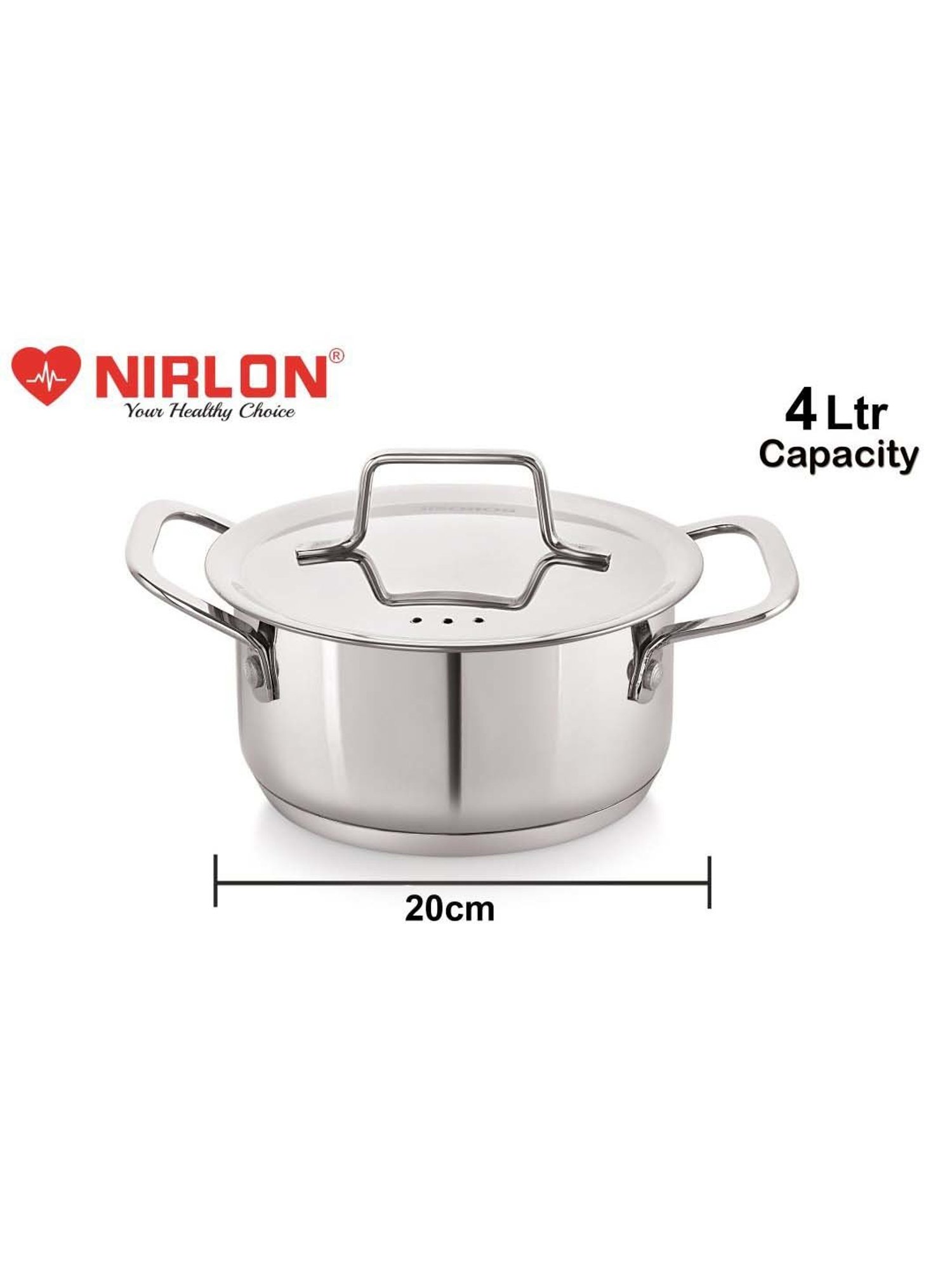 Nirlon Deluxe Series Silver Stainless Steel 20cm Induction Straight Casserole With Steel Lid (4L)