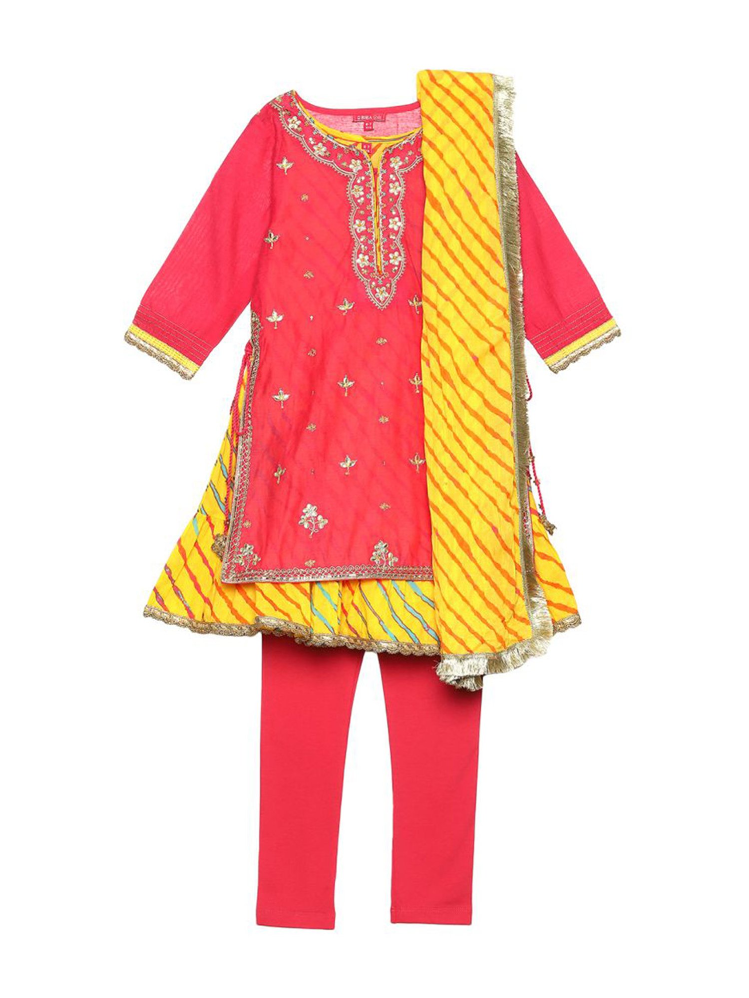 BIBA Girls Pink & Yellow Cotton Embroidered Kurta Set