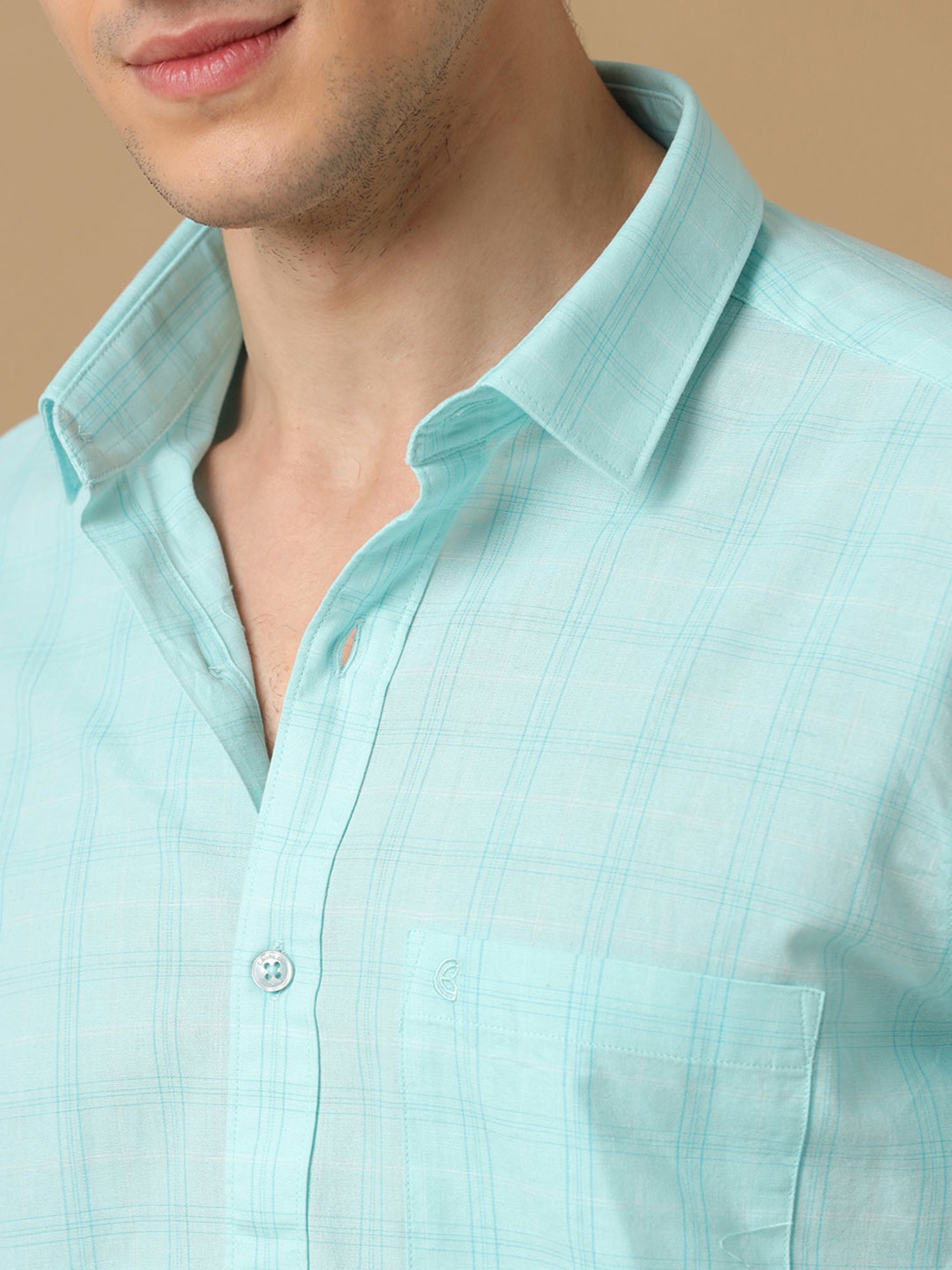CAVALLO by Linen Club Turquoise Contemporary Fit Check Shirt